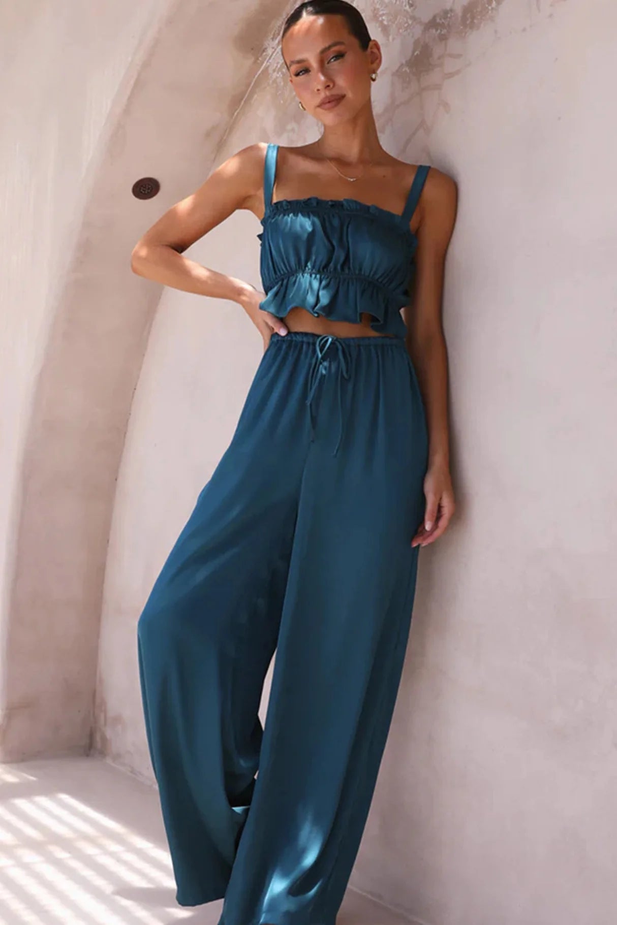 Smocked Ruffle Cami Crop Top Wide Leg Long Pants Set