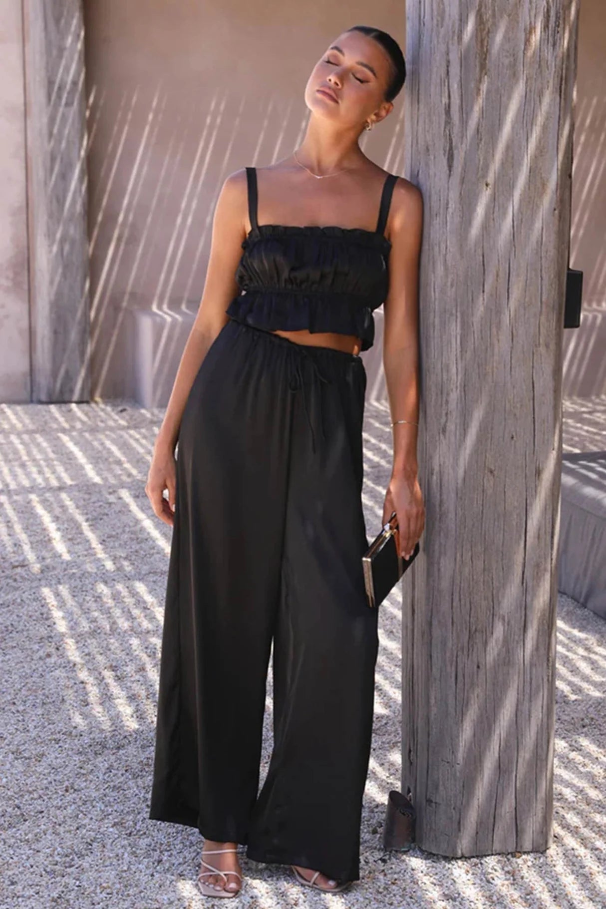 Smocked Ruffle Cami Crop Top Wide Leg Long Pants Set