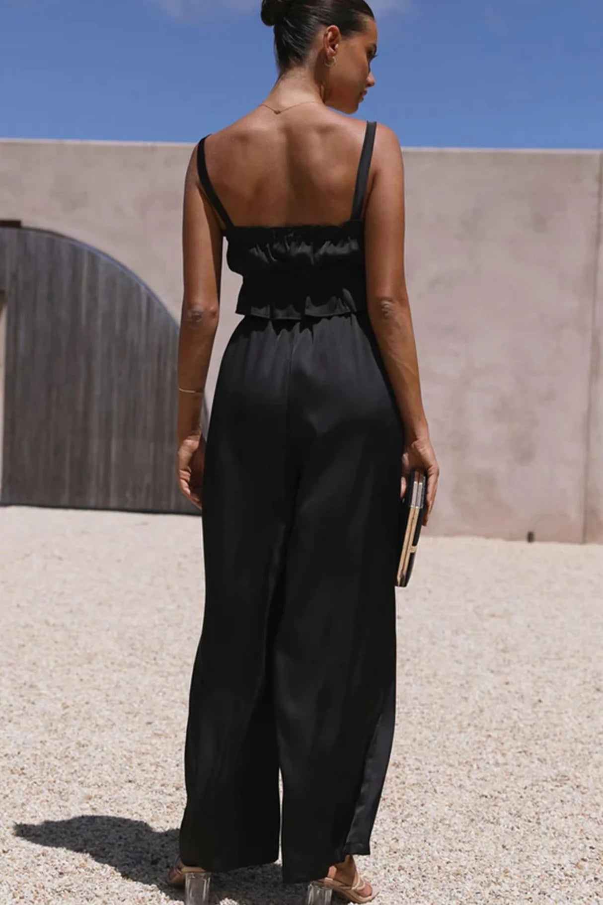 Smocked Ruffle Cami Crop Top Wide Leg Long Pants Set