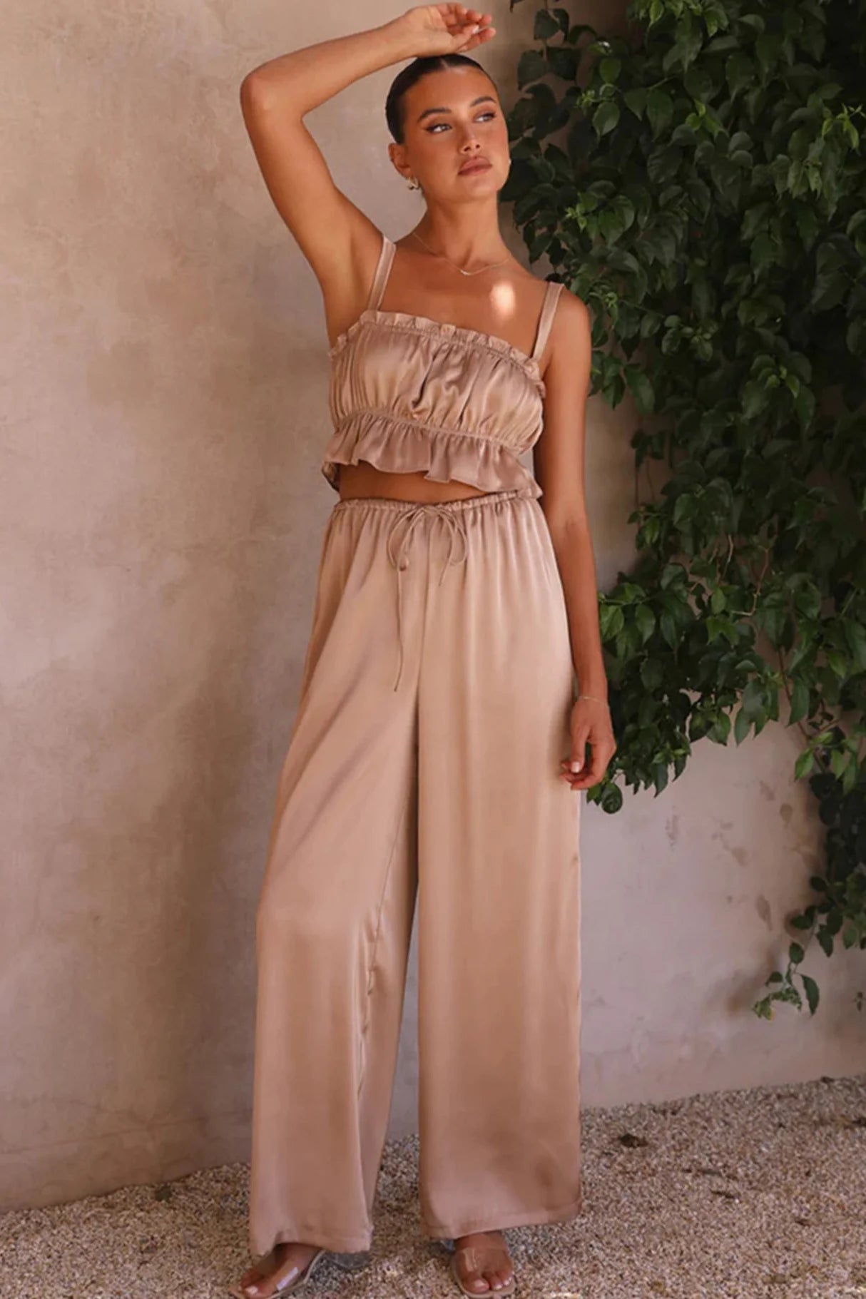 Smocked Ruffle Cami Crop Top Wide Leg Long Pants Set