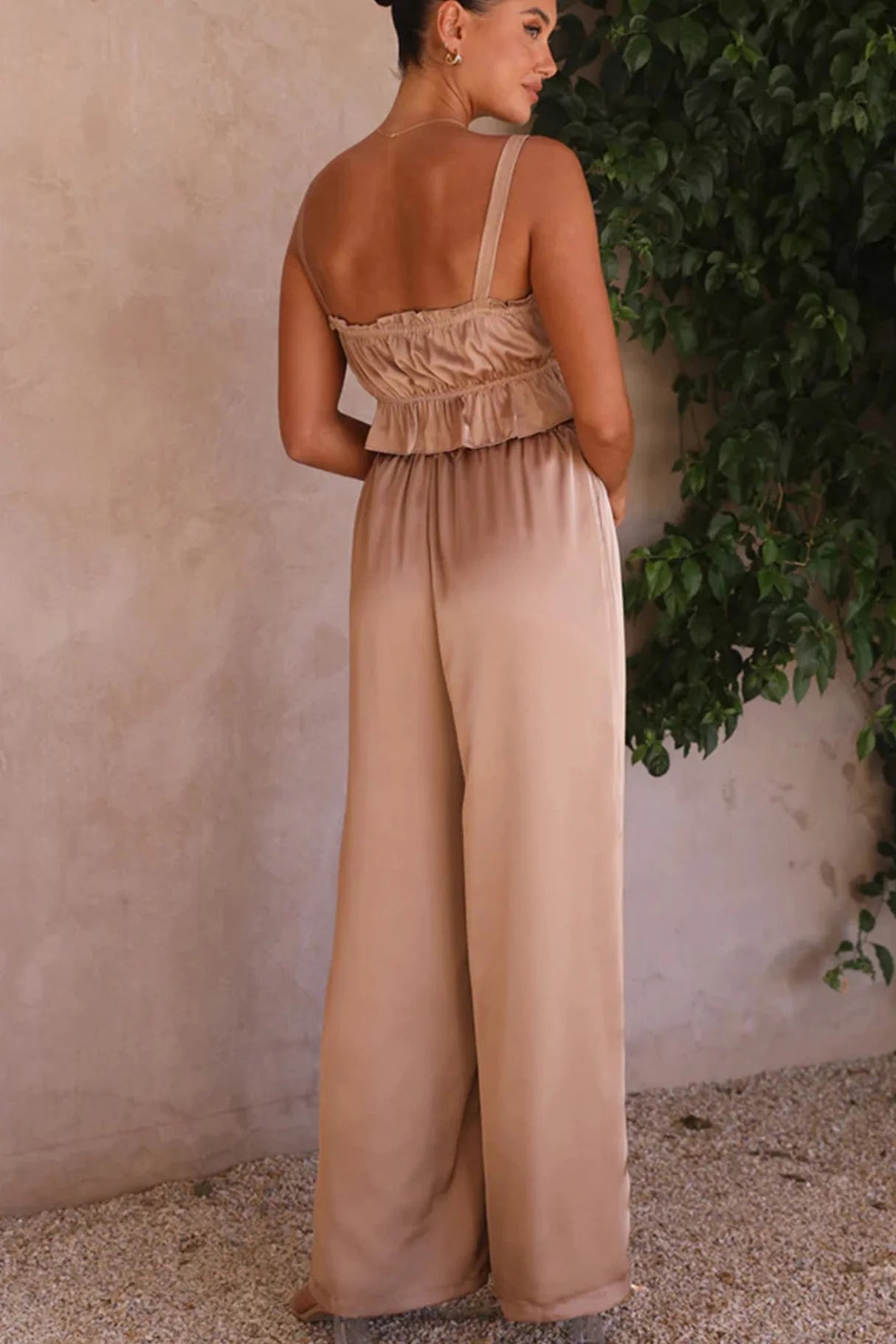 Smocked Ruffle Cami Crop Top Wide Leg Long Pants Set