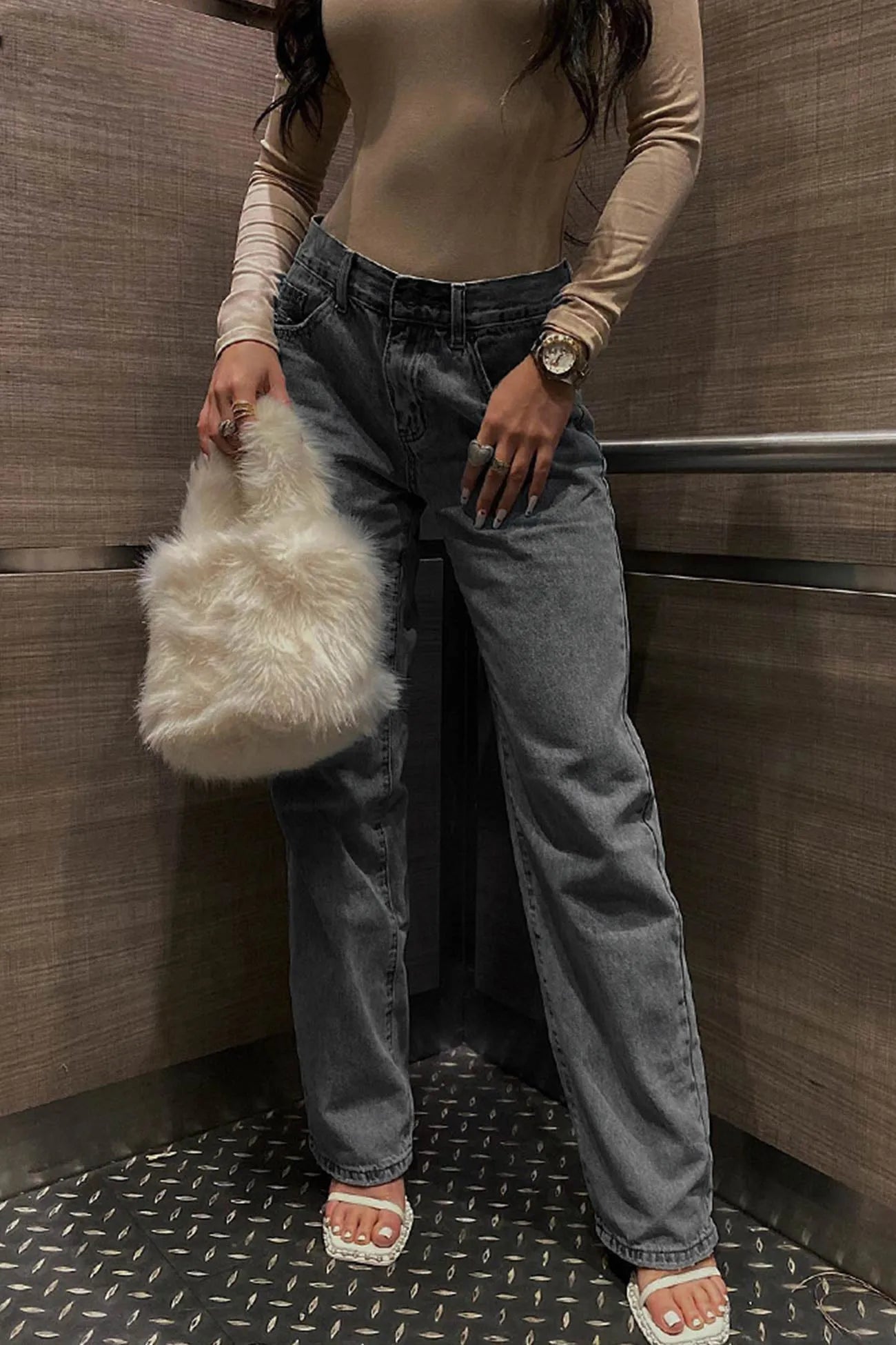 Solid High-rise Cutout Jeans