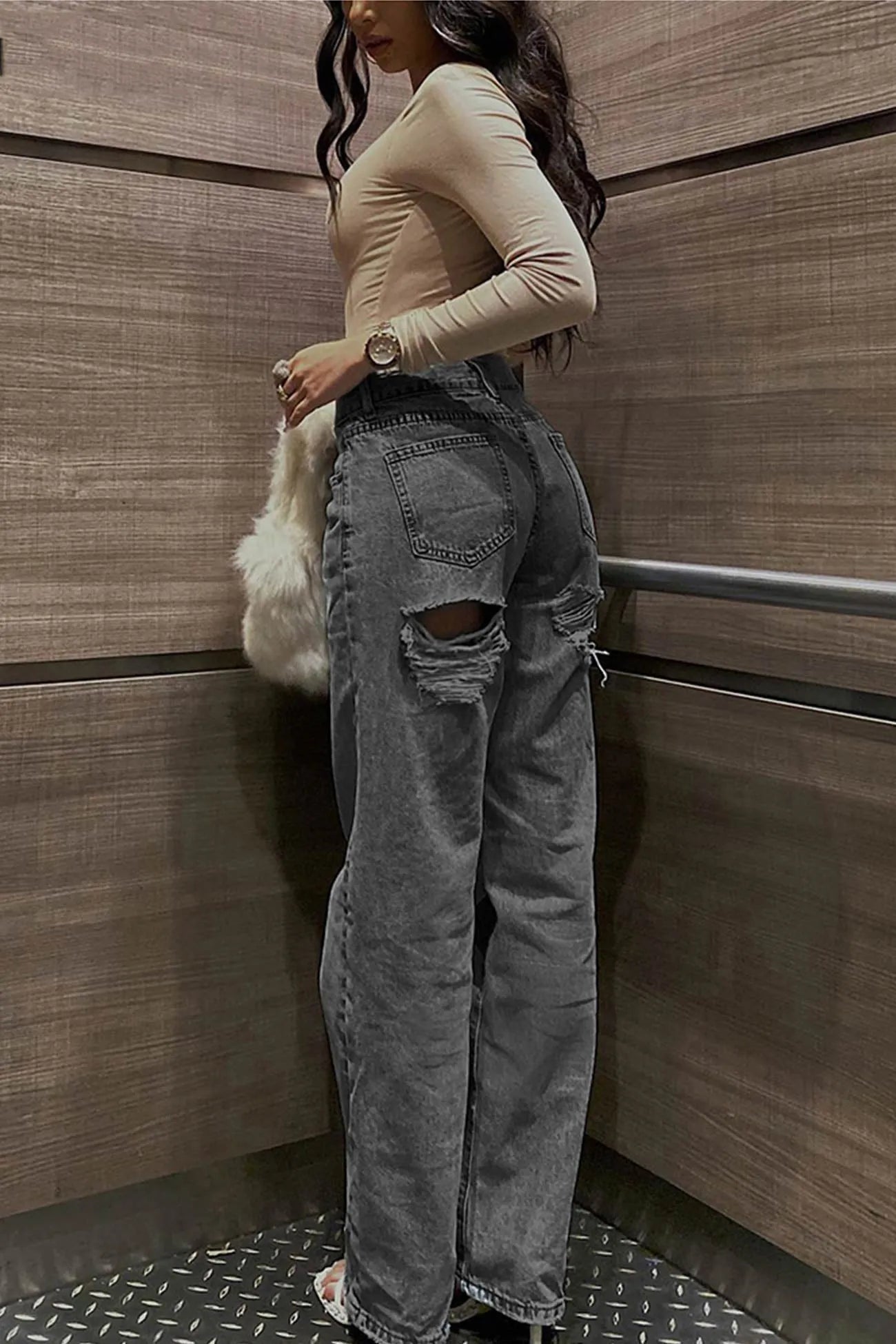 Solid High-rise Cutout Jeans