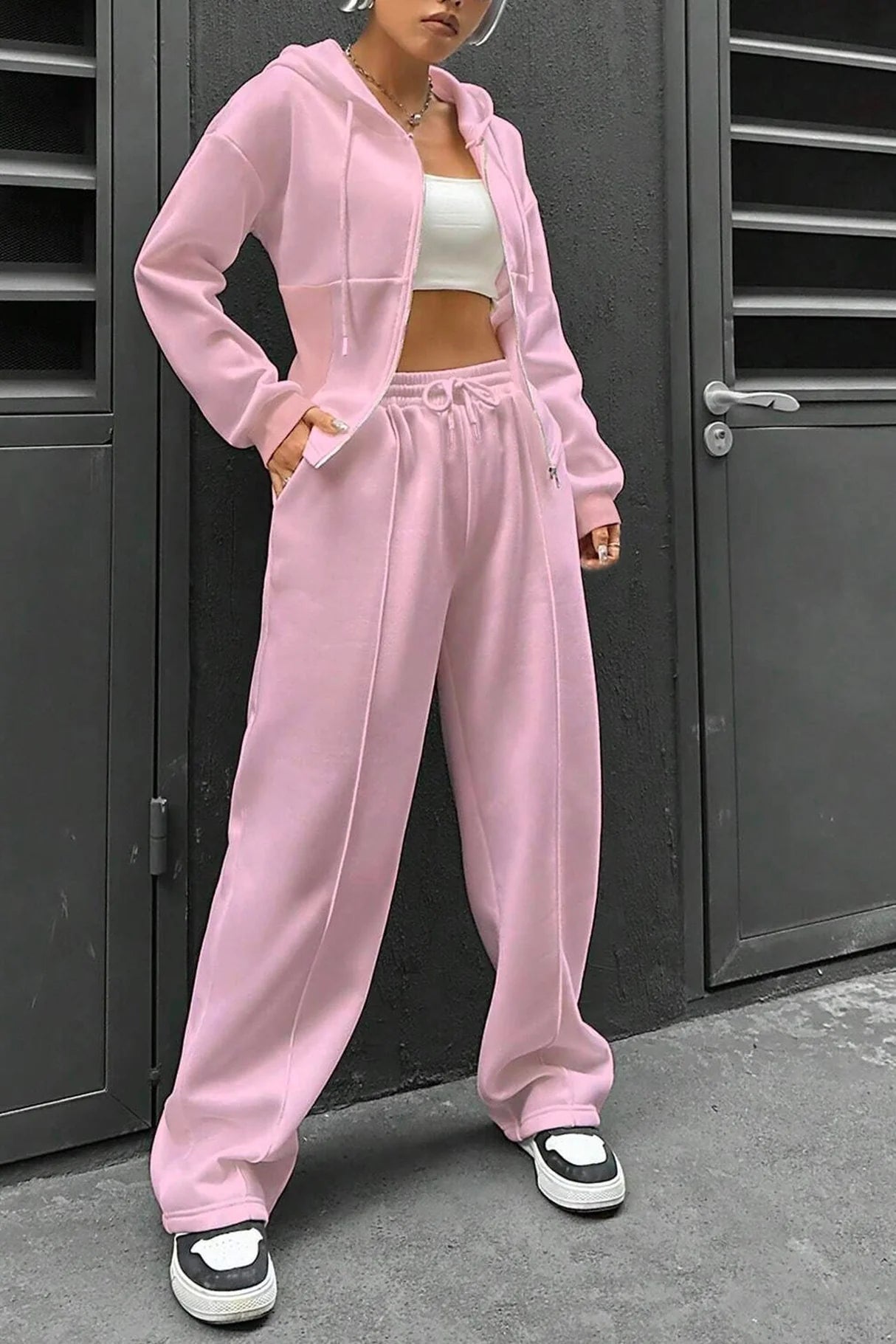 Solid Slim Fit Hoodie Pants Suits