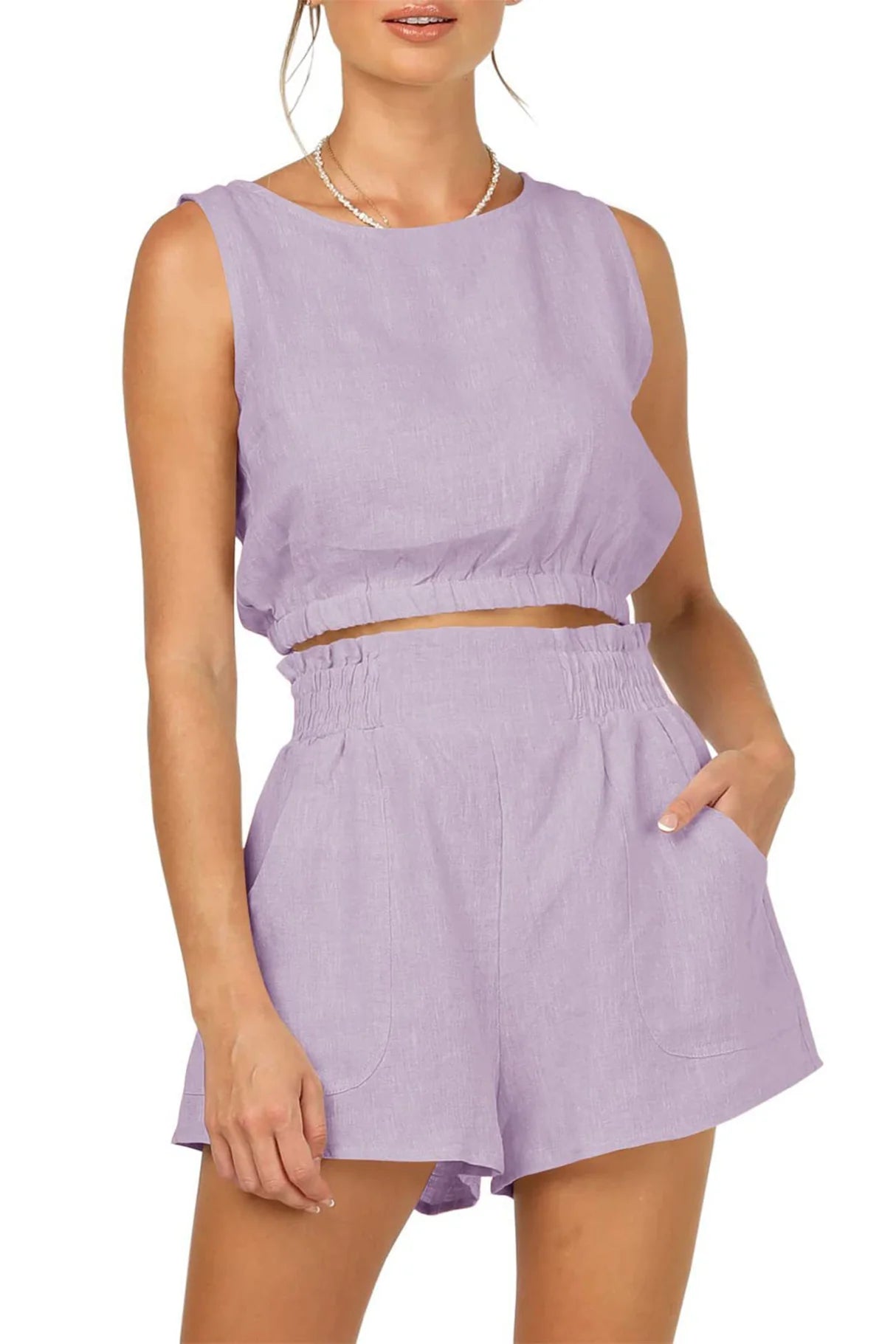 Solid Color Sleeveless Crop Top Shorts Set