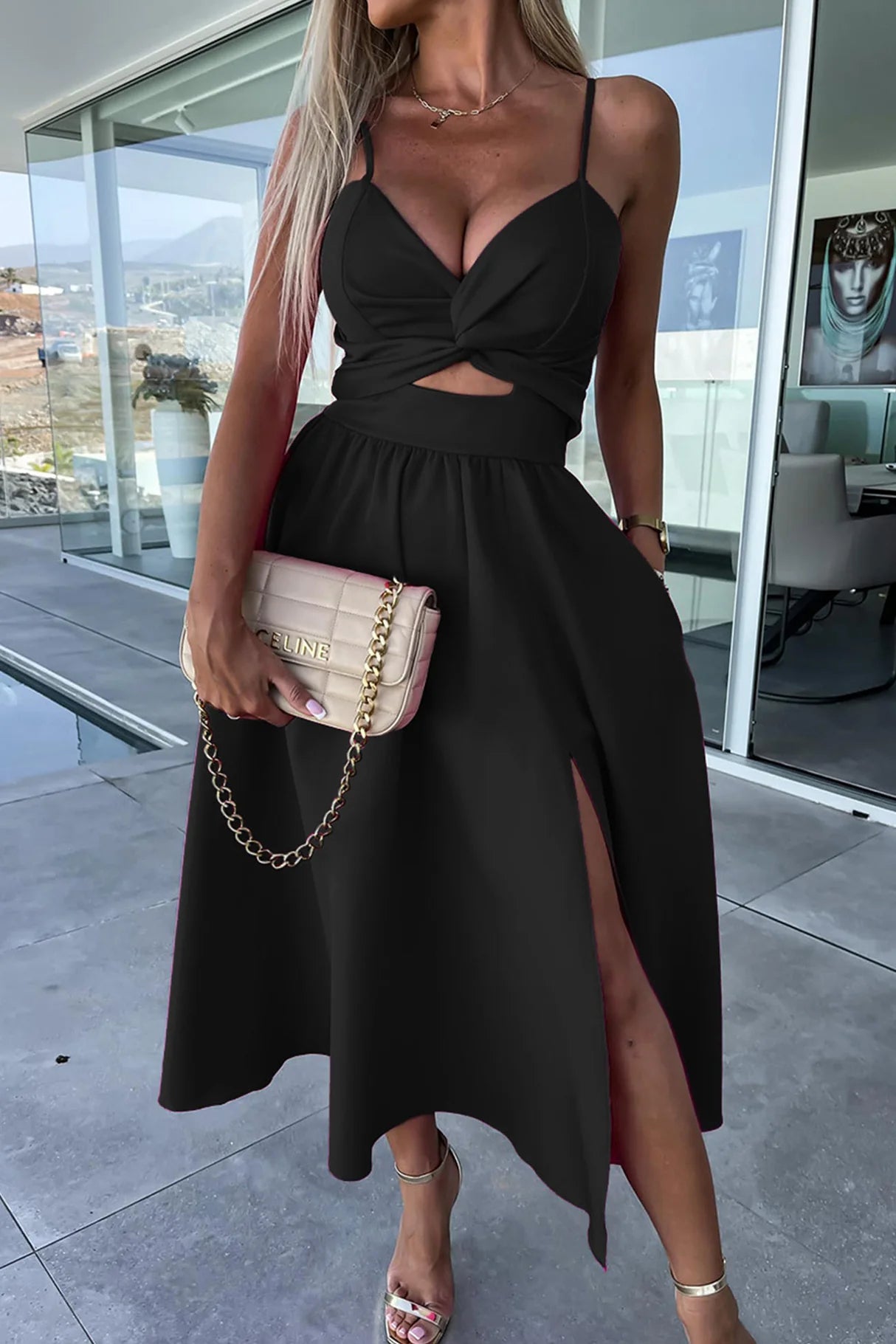 Twisted Cutout Slit Cami Dresses