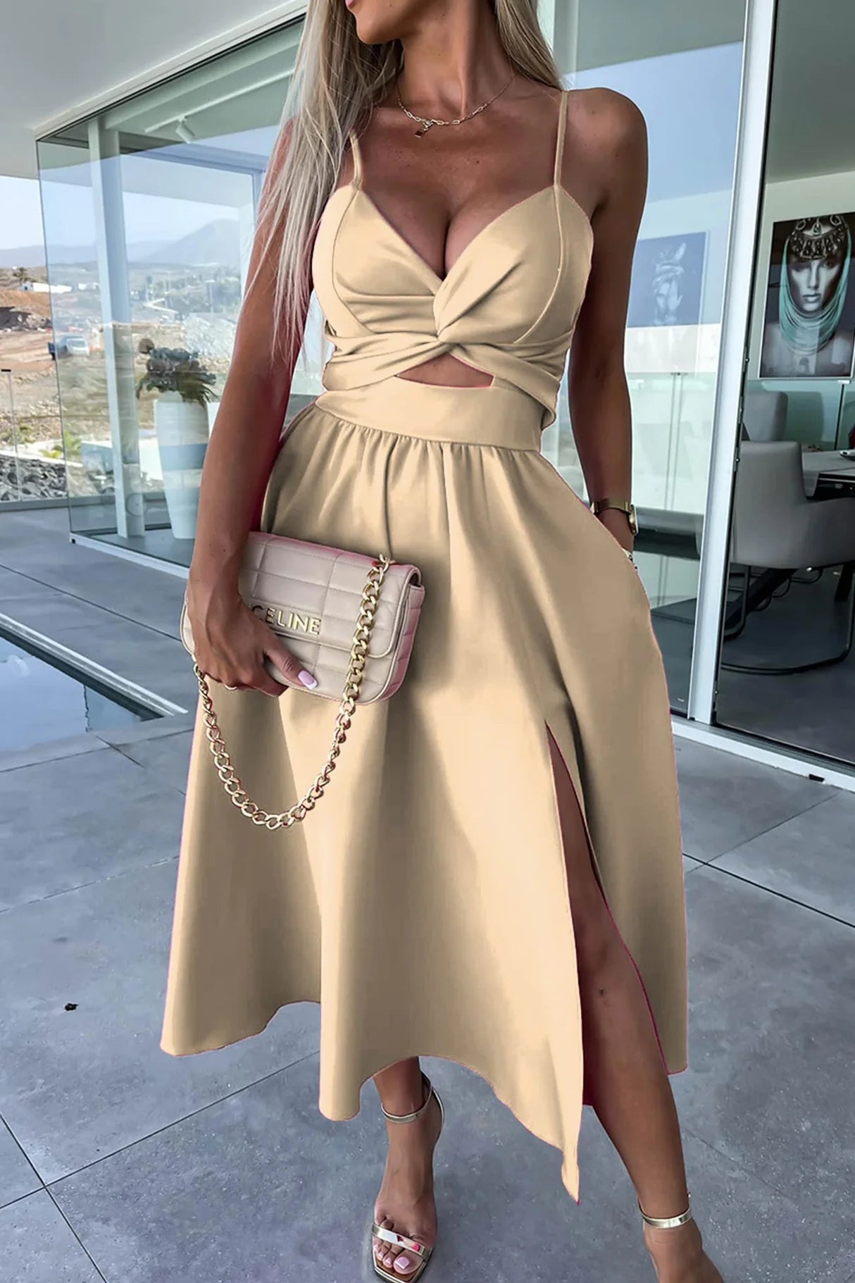 Twisted Cutout Slit Cami Dresses