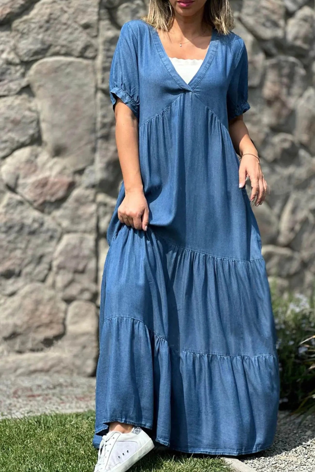 V Neck Short Sleeve Faux Denim Tiered Dress