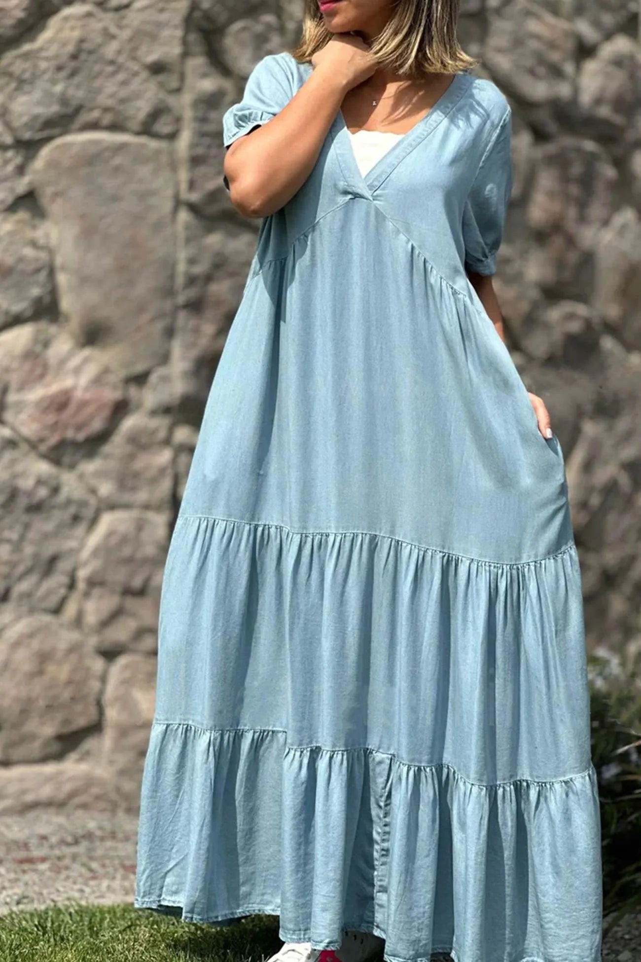 V Neck Short Sleeve Faux Denim Tiered Dress