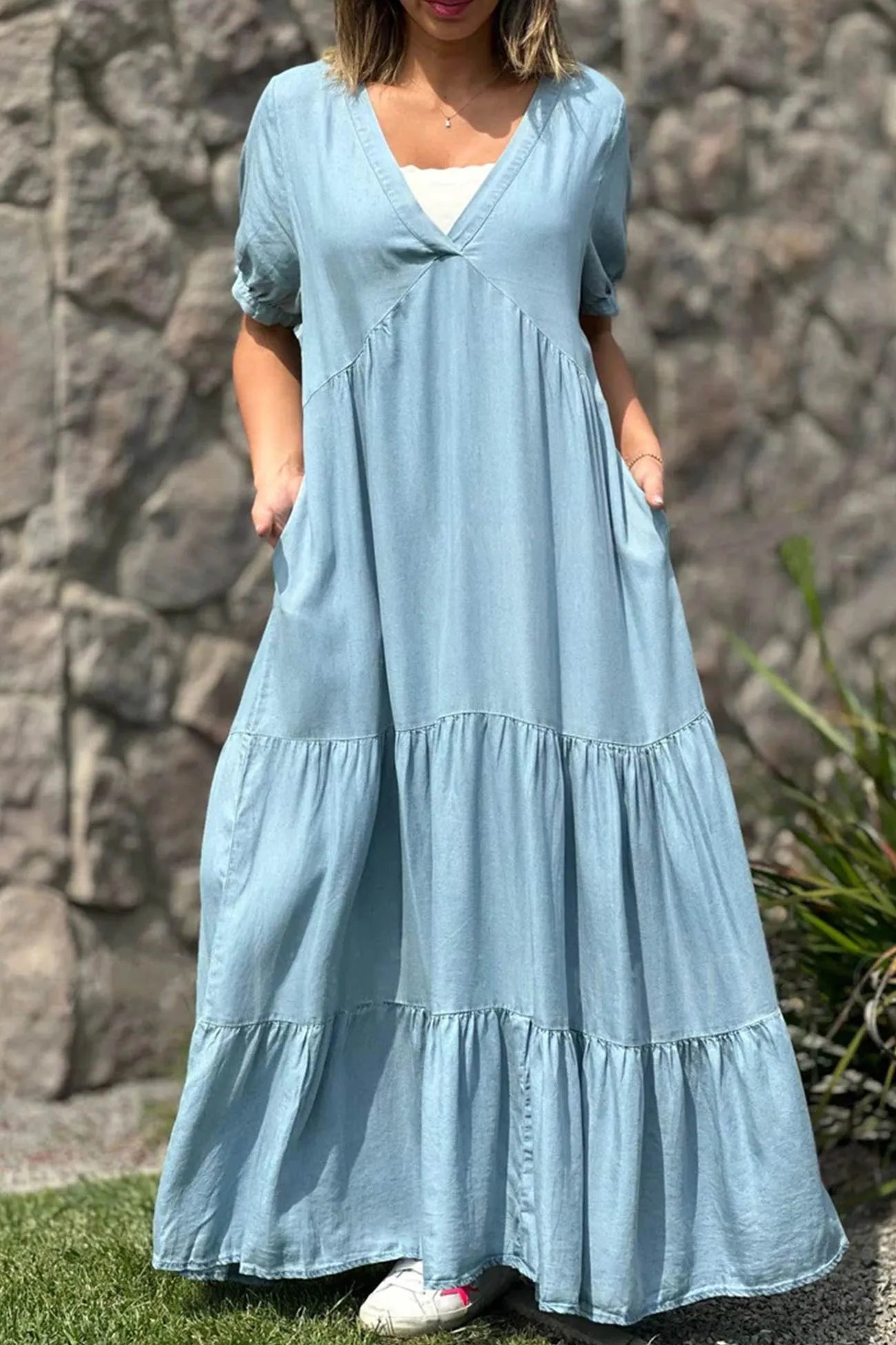 V Neck Short Sleeve Faux Denim Tiered Dress