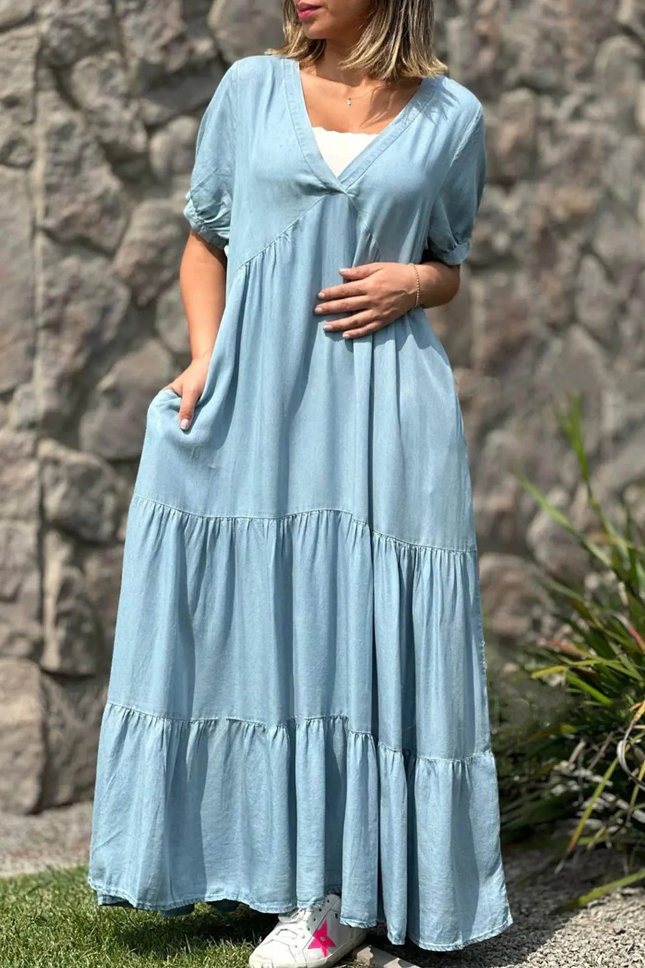 V Neck Short Sleeve Faux Denim Tiered Dress