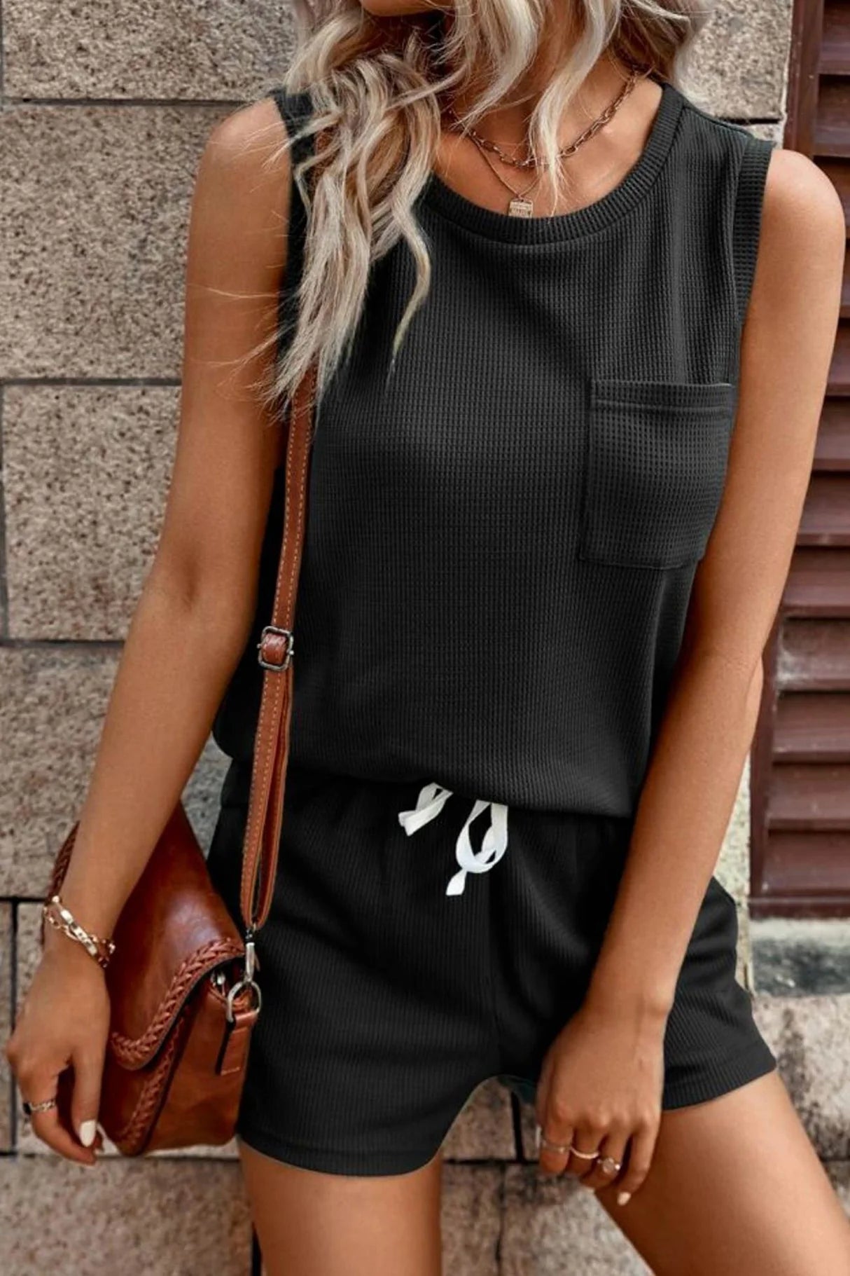 Waffle Tank Shorts Suits Sets