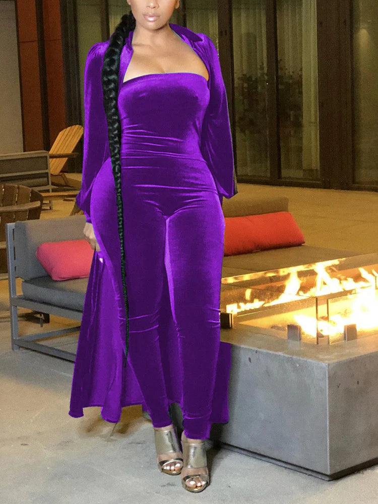 Velvet Cardigan Tube Jumpsuit Set