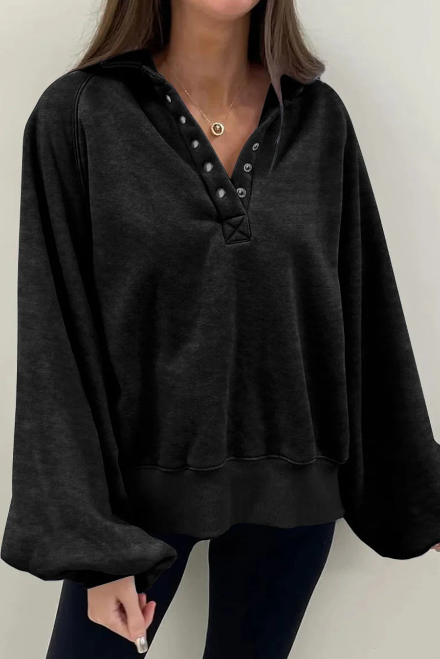 Buttons Balloon Sleeve Oversized Sweatshirt