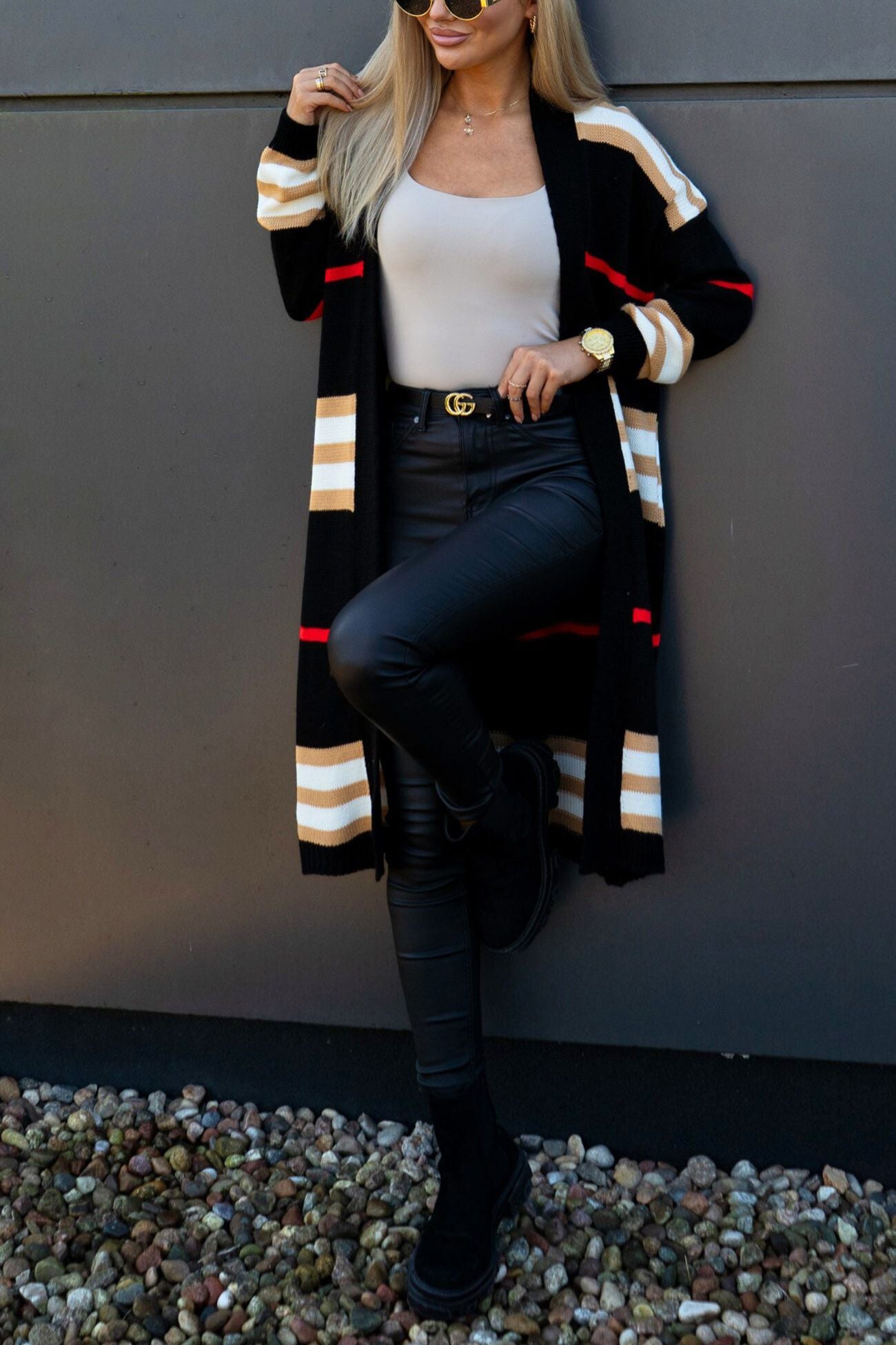 Contrast Striped Open Front Cardigan