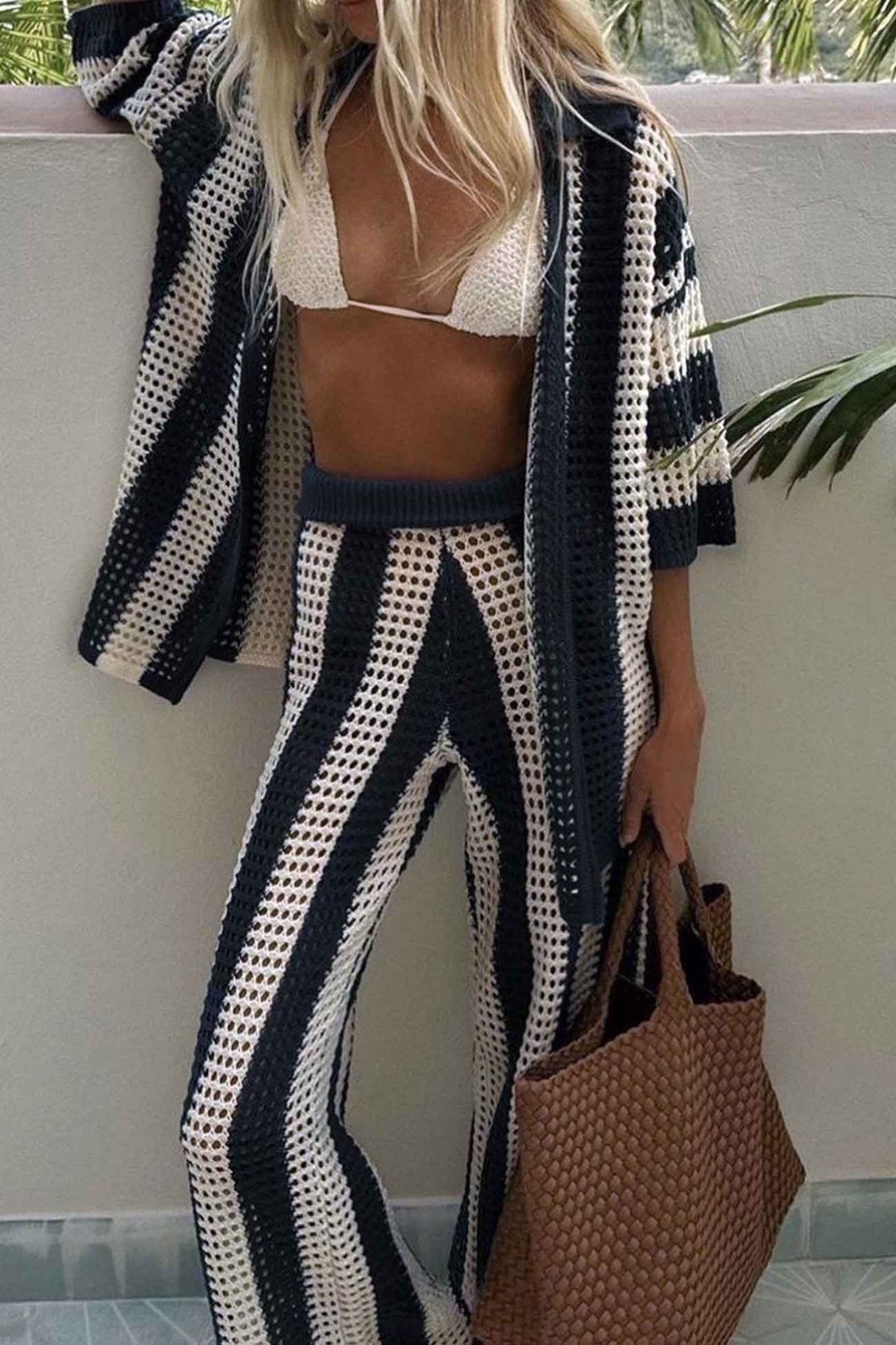 Contrast Stripe Hollow Long Pants Set