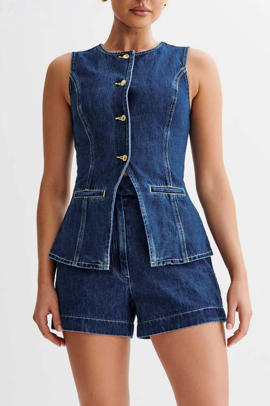 Button Down Tank Tops Shorts Denim Set