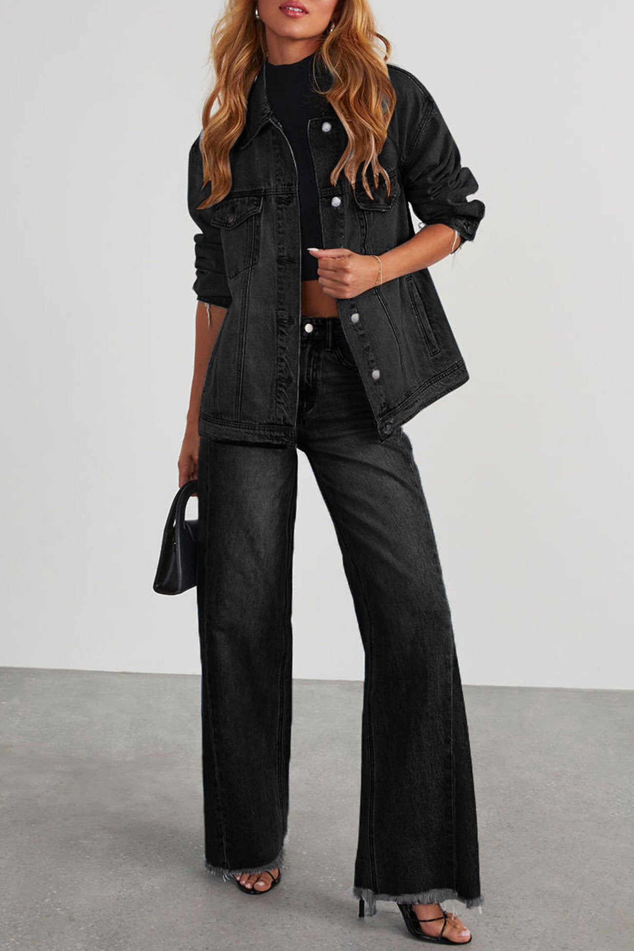 Long Sleeve Denim Jacket Wide Leg Jeans Set