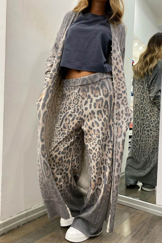 Leopard Print Long Cardigan Two Piece Pants Suits