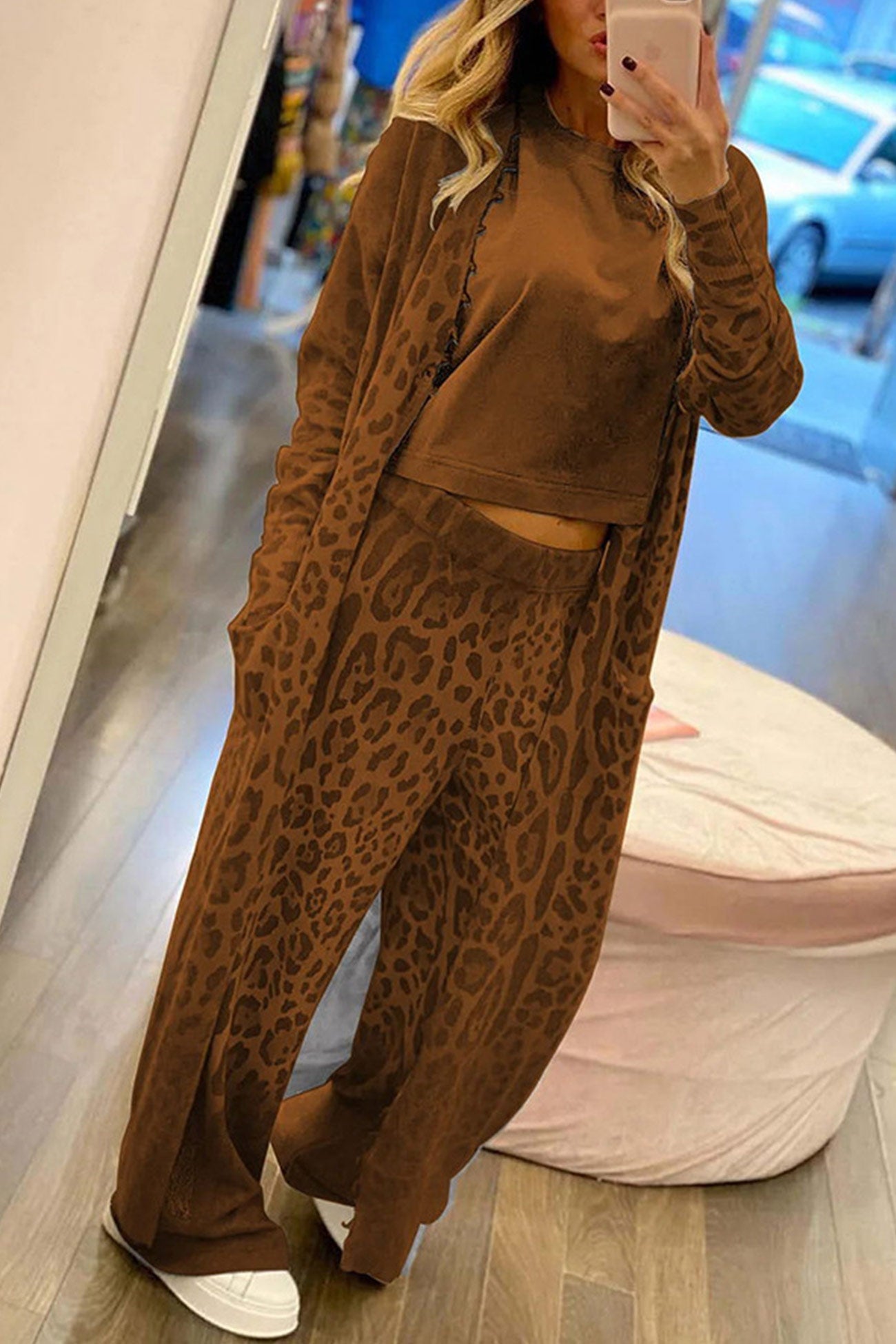 Leopard Print Long Cardigan Two Piece Pants Suits