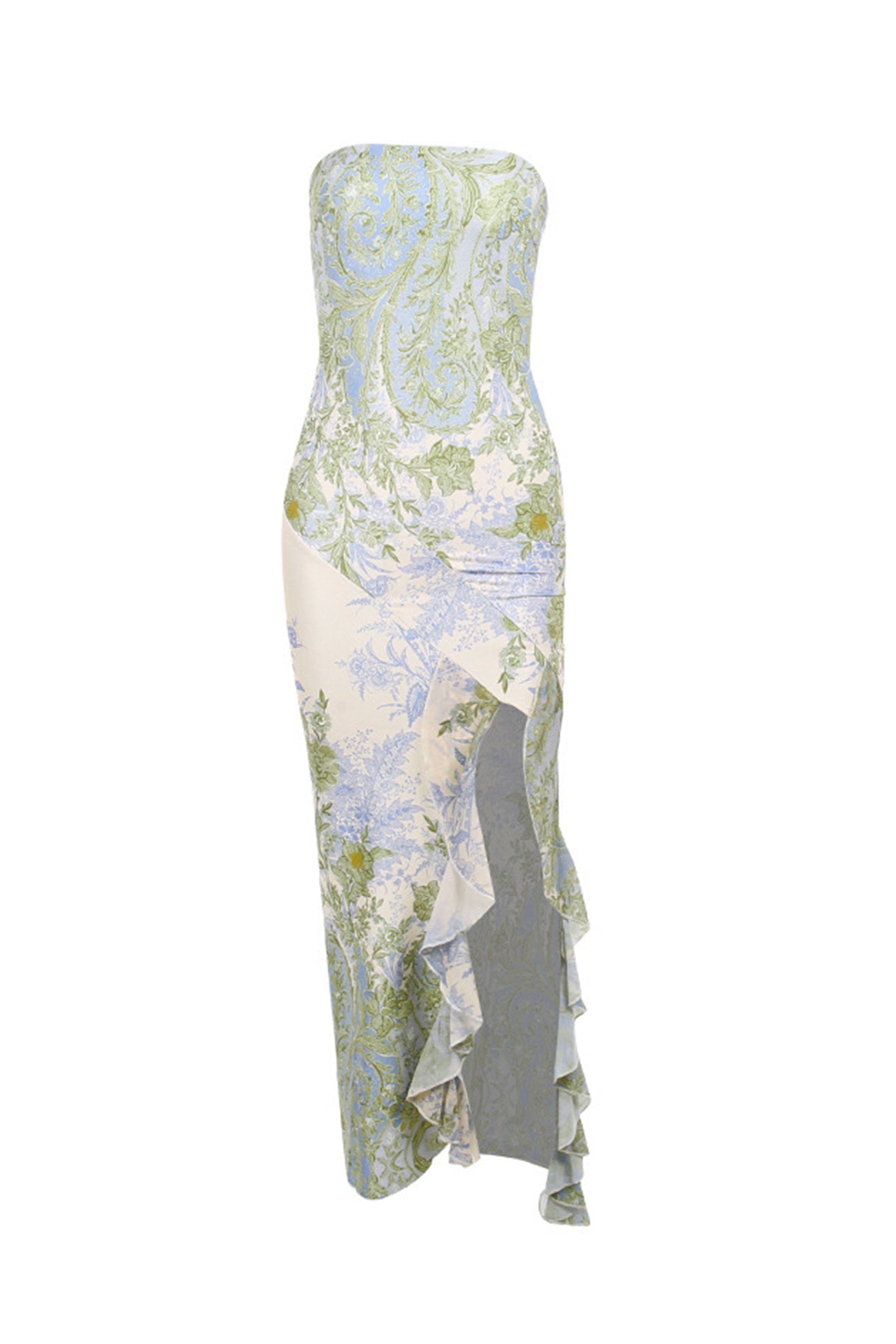 Floral Print Ruffle Slit Strapless Dress