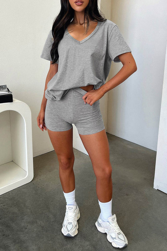 V Neck Short Sleeve T shirt Shorts Set