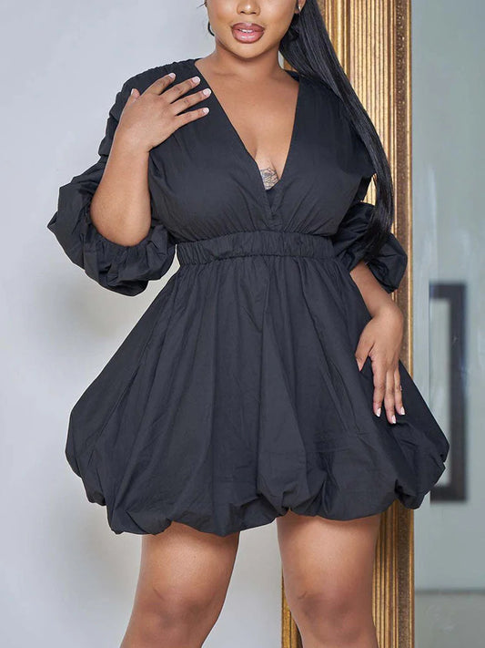 Solid Puff Sleeves Mini Dresses