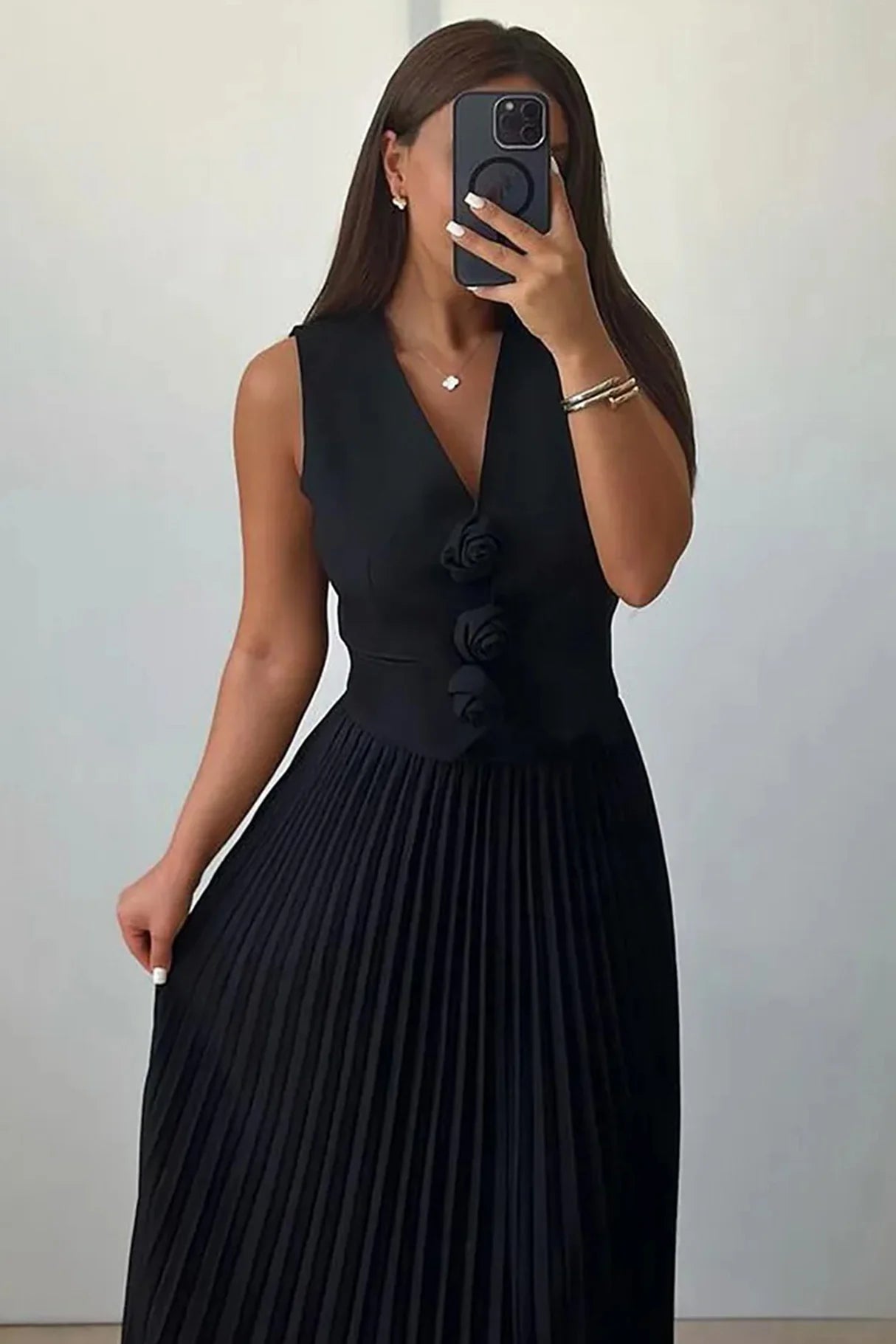 3D Floral Vest Pleated Maxi Skirt Sets
