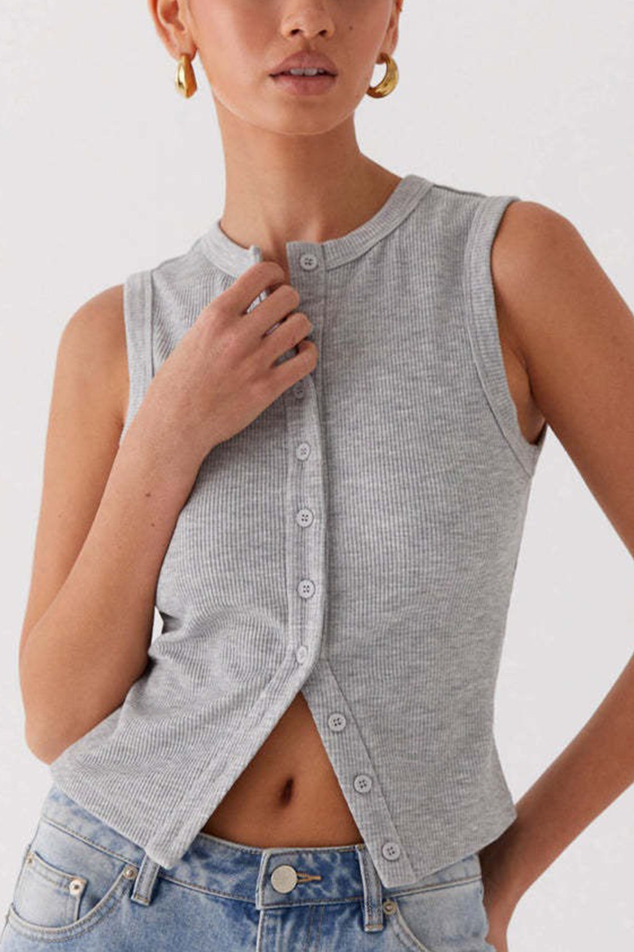 Solid Color Button down Knit Tank Top