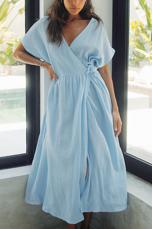 V Neck Tie up Slit A line Cotton Dress