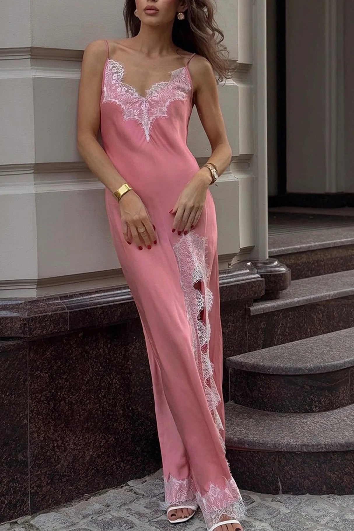 Satin Lace Side Slit Cami Dresses