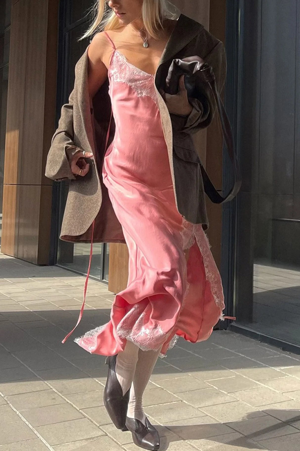 Satin Lace Side Slit Cami Dresses