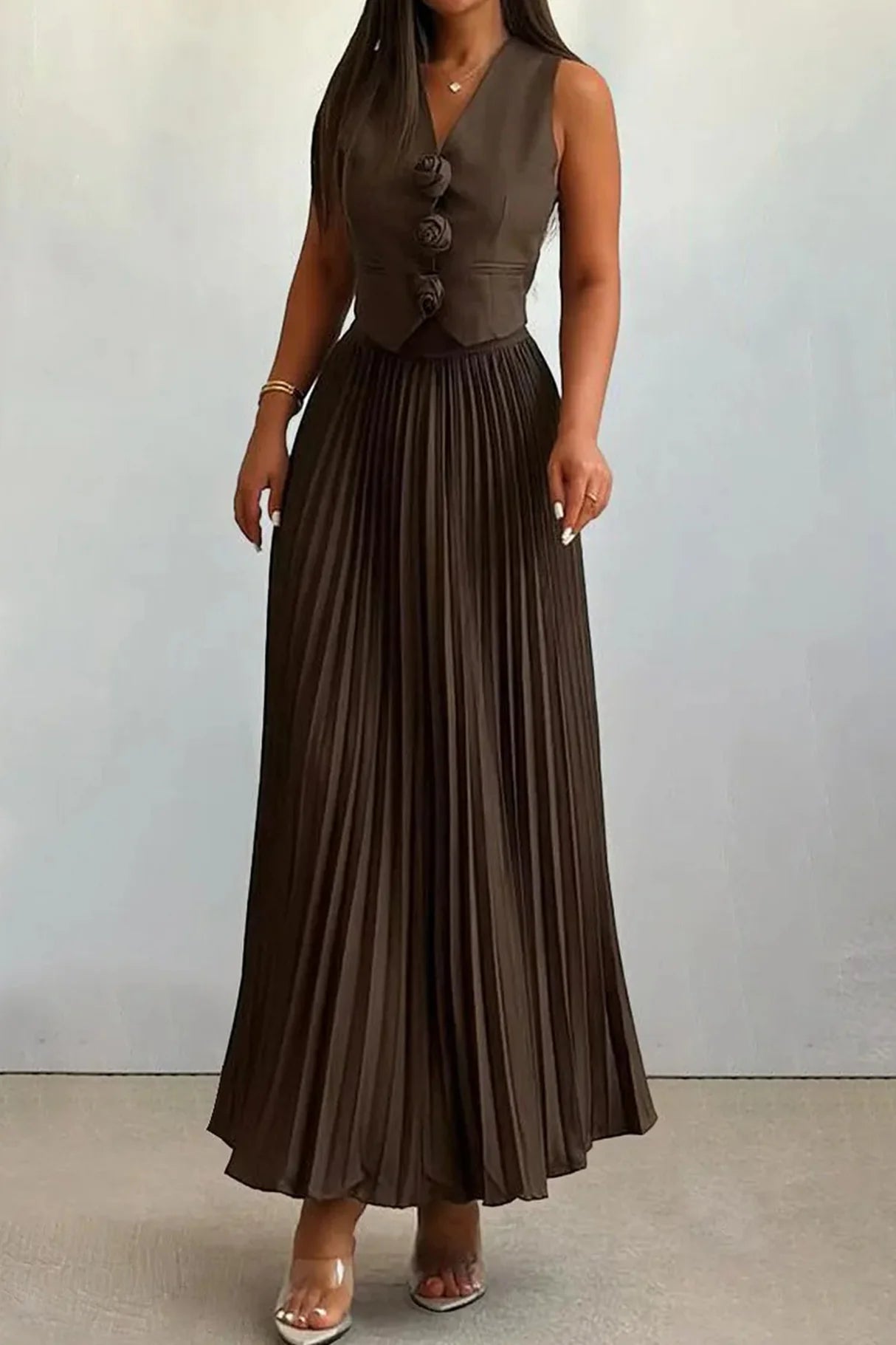 3D Floral Vest Pleated Maxi Skirt Sets