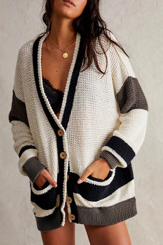 Color Splicing Button Down Cardigan