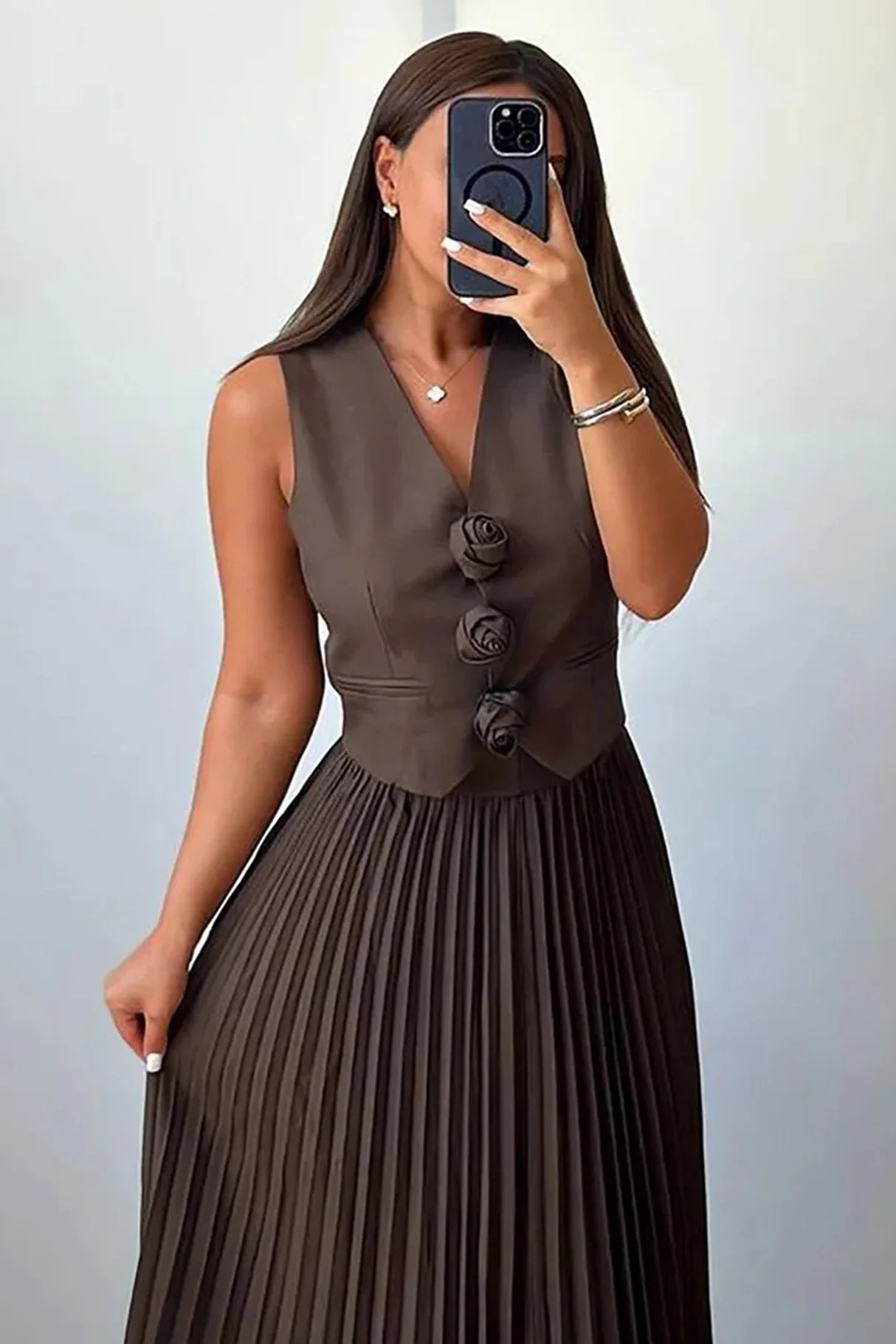 3D Floral Vest Pleated Maxi Skirt Sets