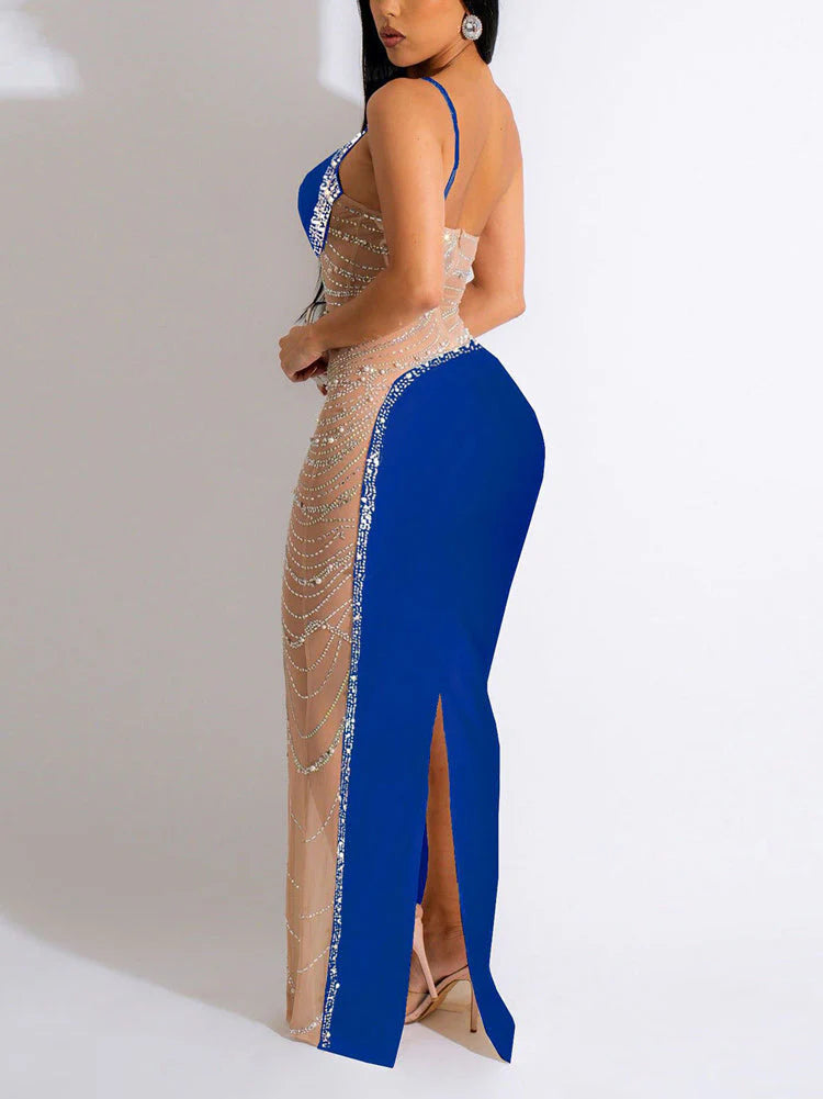 Rhinestone Pearls Mesh Asymmetrical Dress