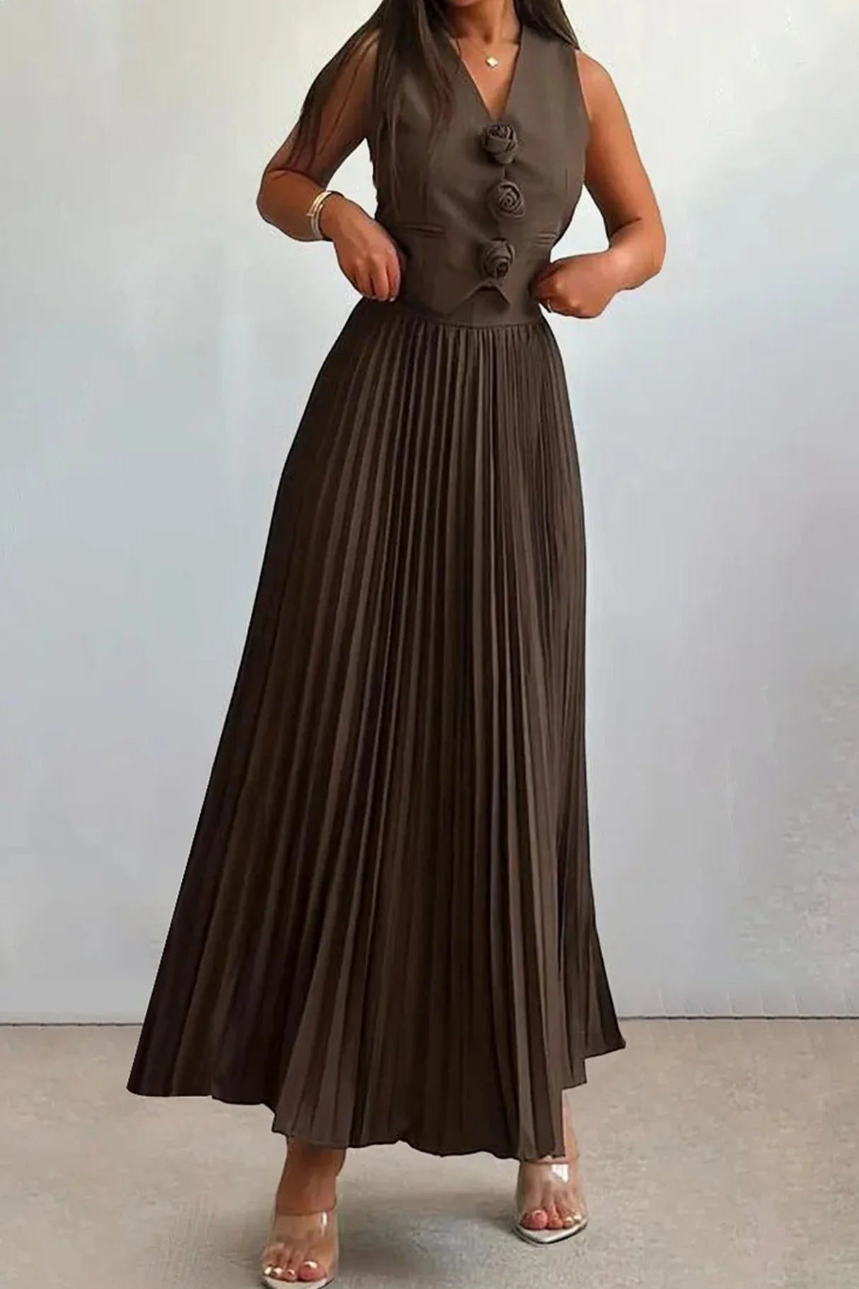 3D Floral Vest Pleated Maxi Skirt Sets