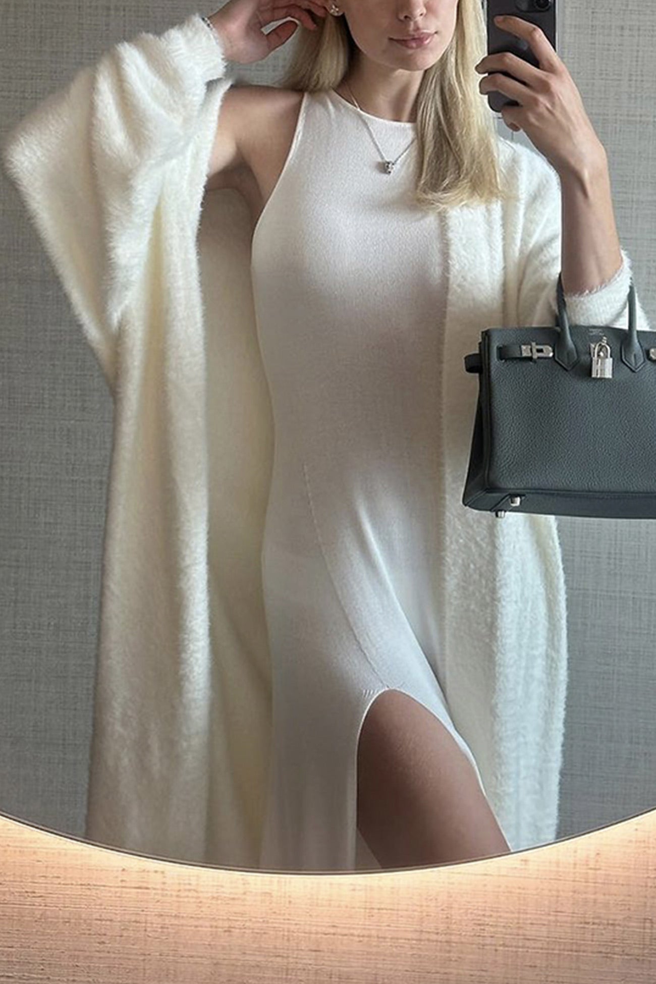 Solid Imitation Mink Tie Up Long Cardigan