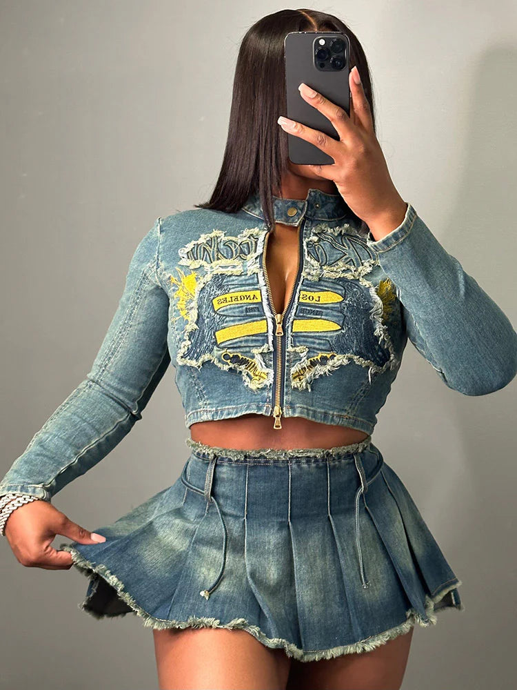 Denim Jacket & Pleated Skirt Set