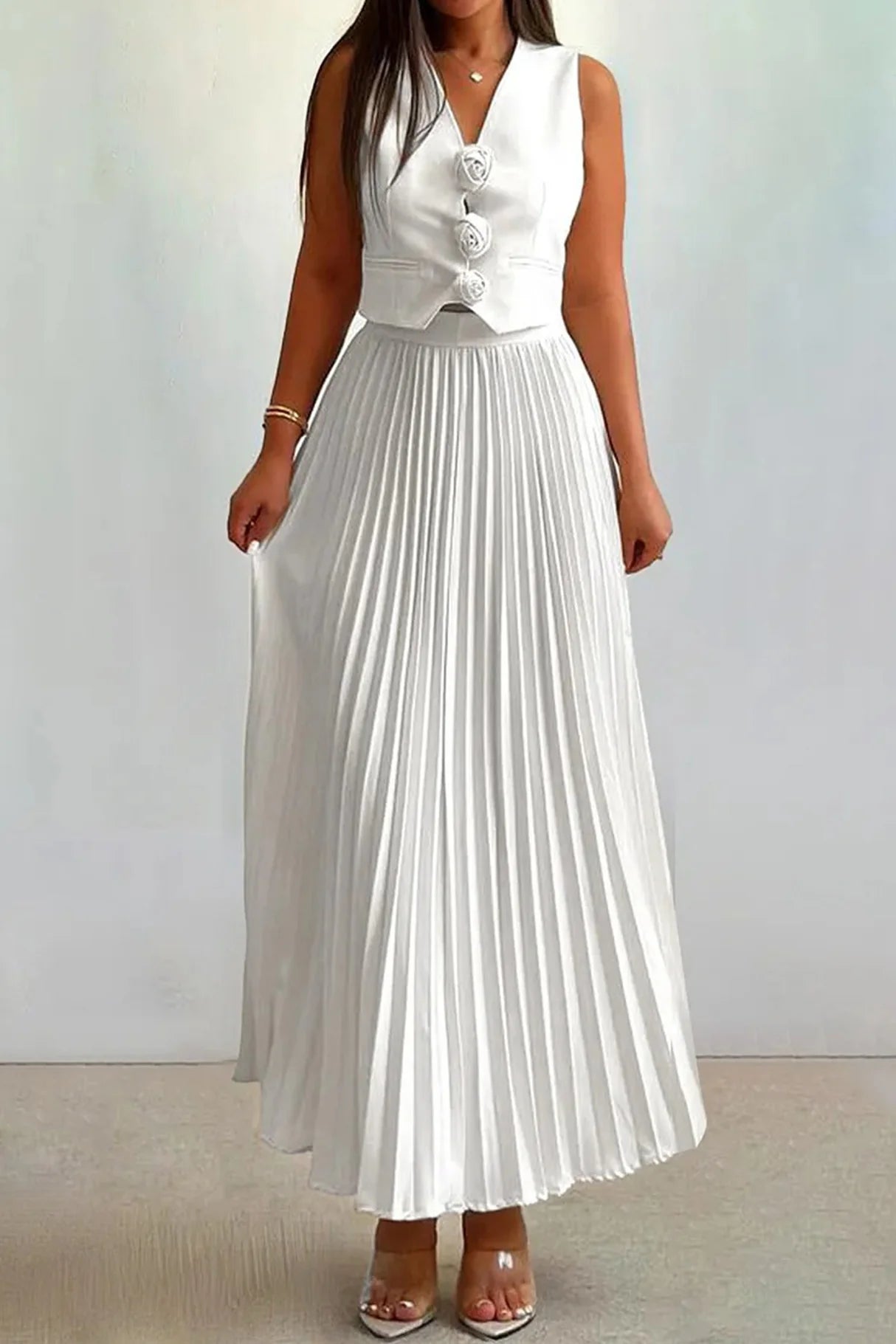 3D Floral Vest Pleated Maxi Skirt Sets