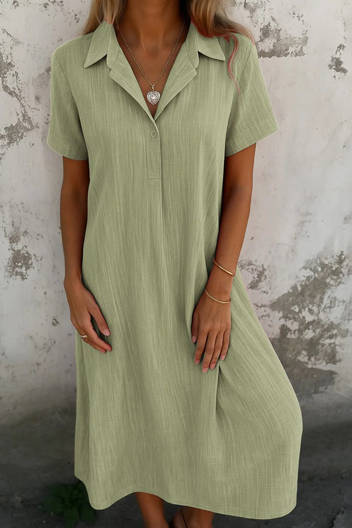 V-Neck Solid Color Short-Sleeve Shirt Dress