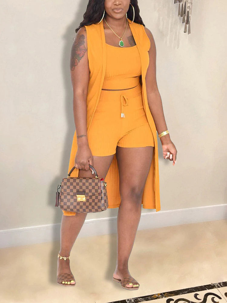 Ribbed Cardigan Crop Top Shorts Set