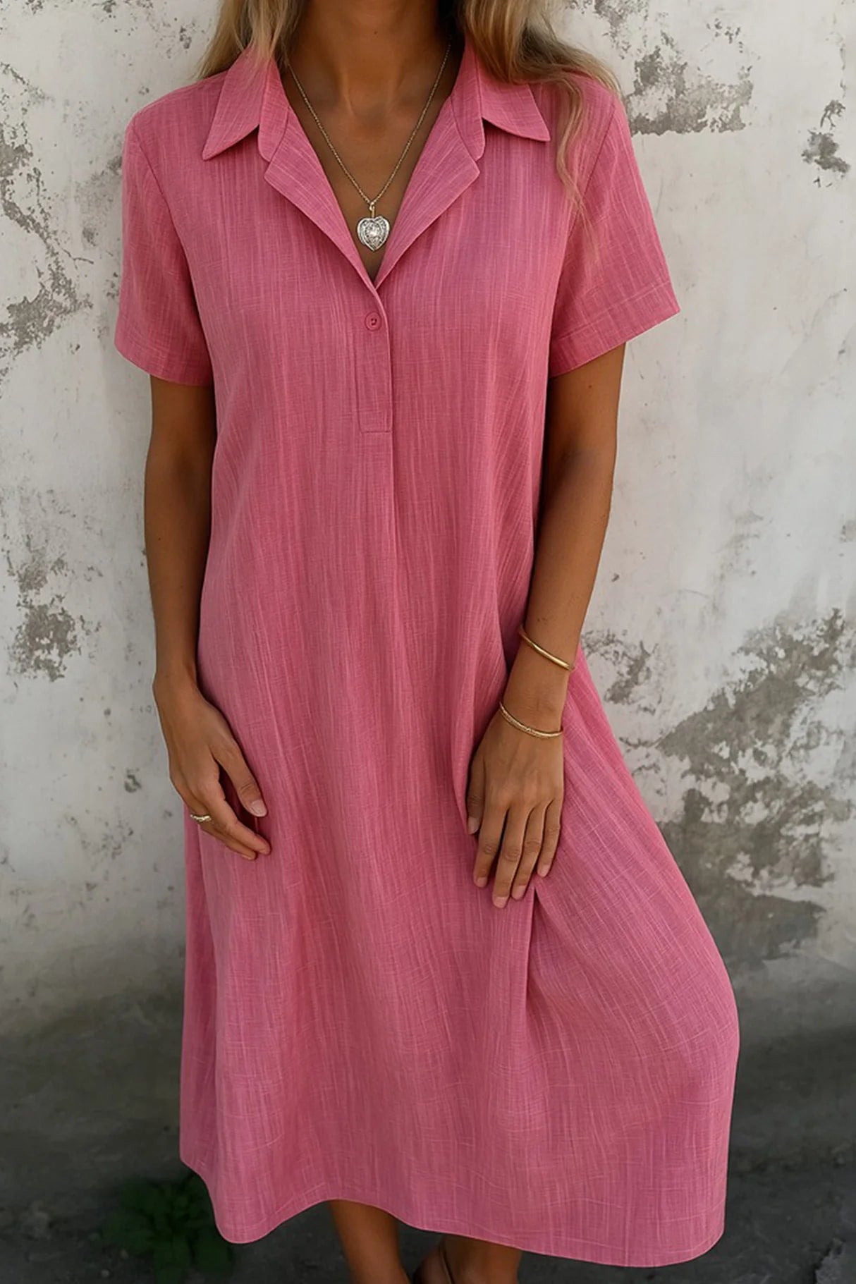 V-Neck Solid Color Short-Sleeve Shirt Dress