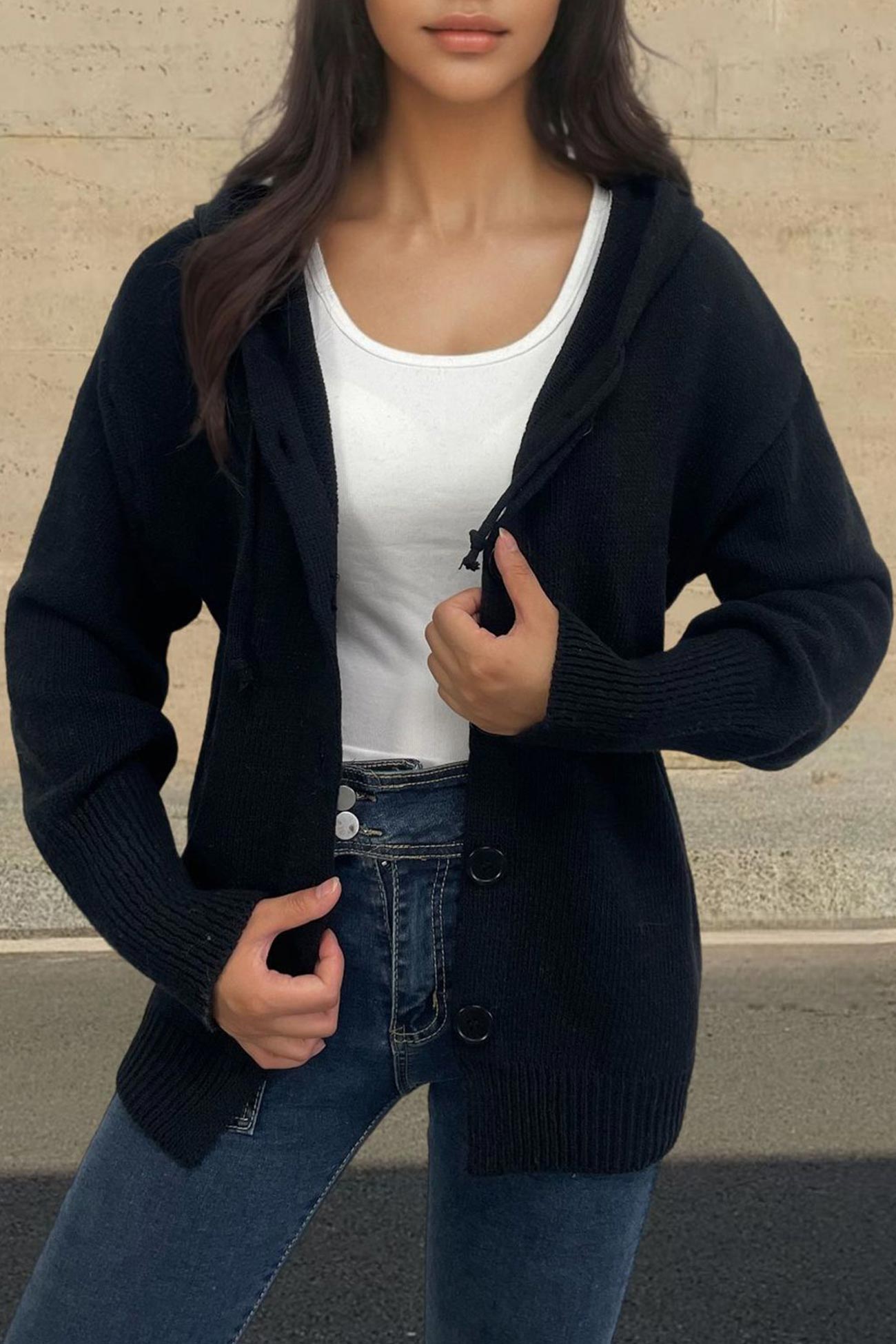 Button Down Knit Hooded Cardigan