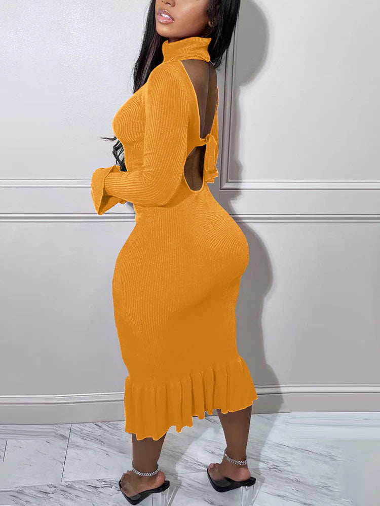 Ribbed Open-Back Ruffle Dress