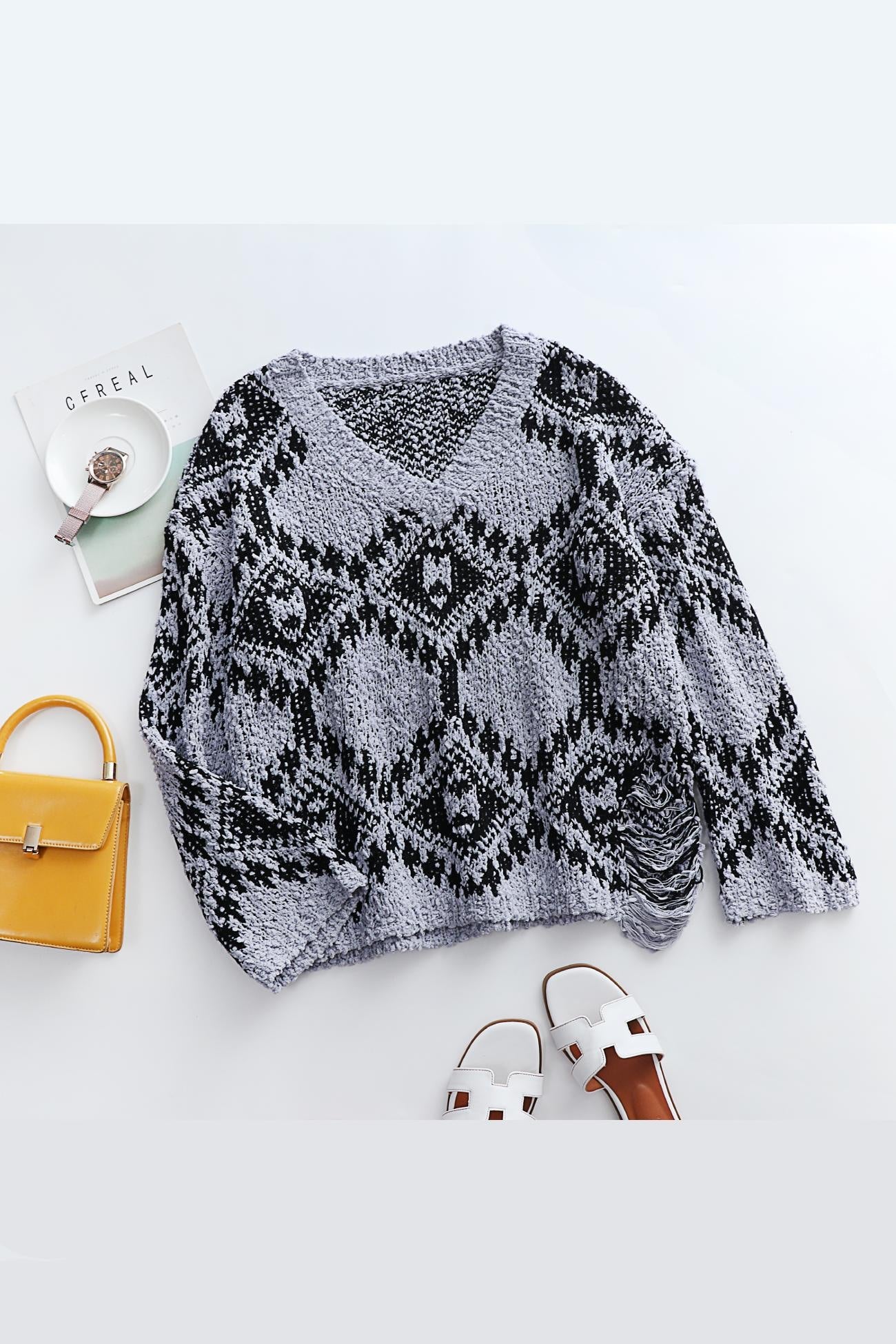 V Neckline Intarsia Knitted Top