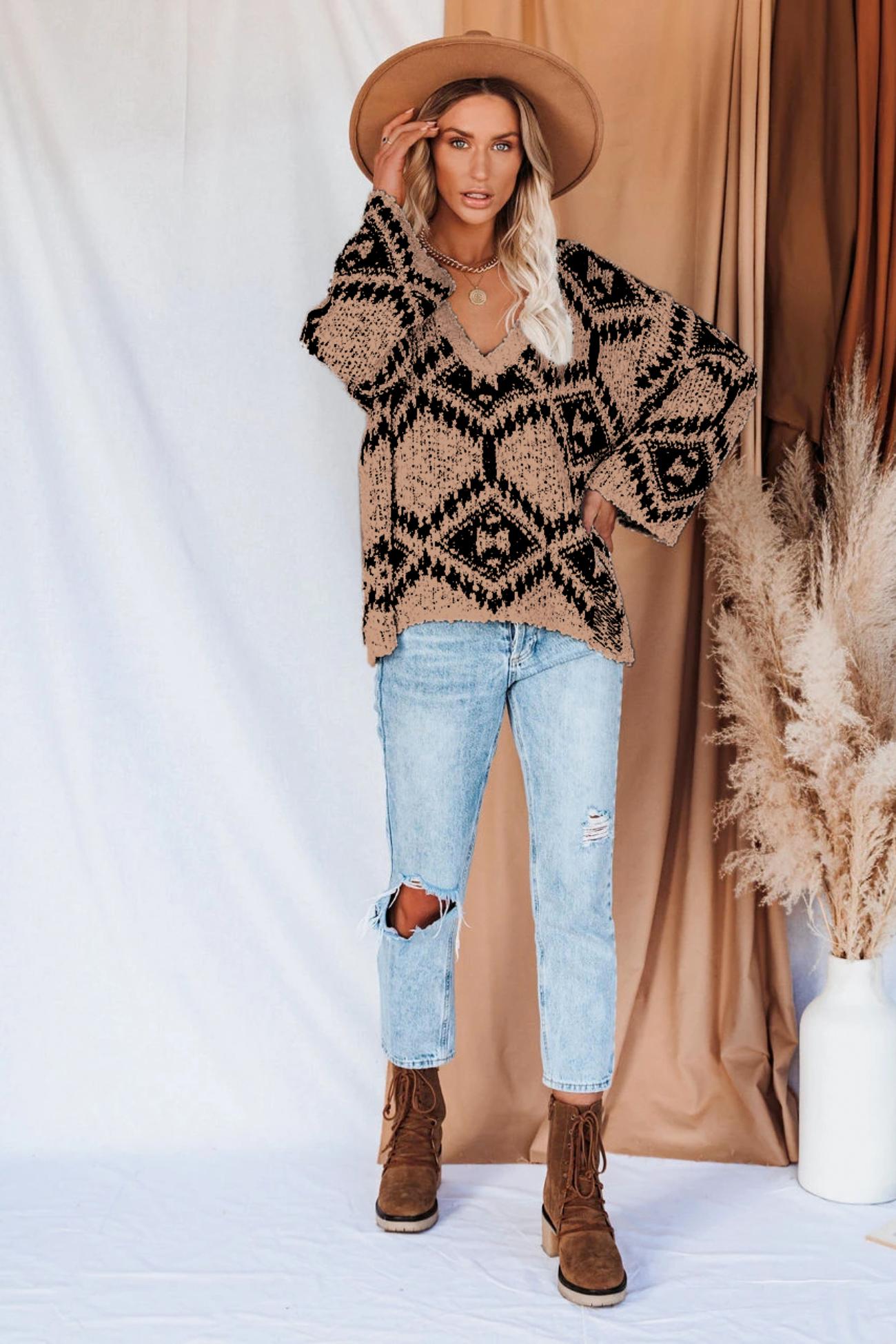 V Neckline Intarsia Knitted Top
