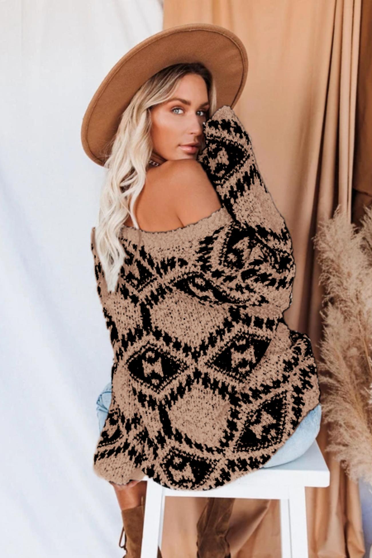 V Neckline Intarsia Knitted Top