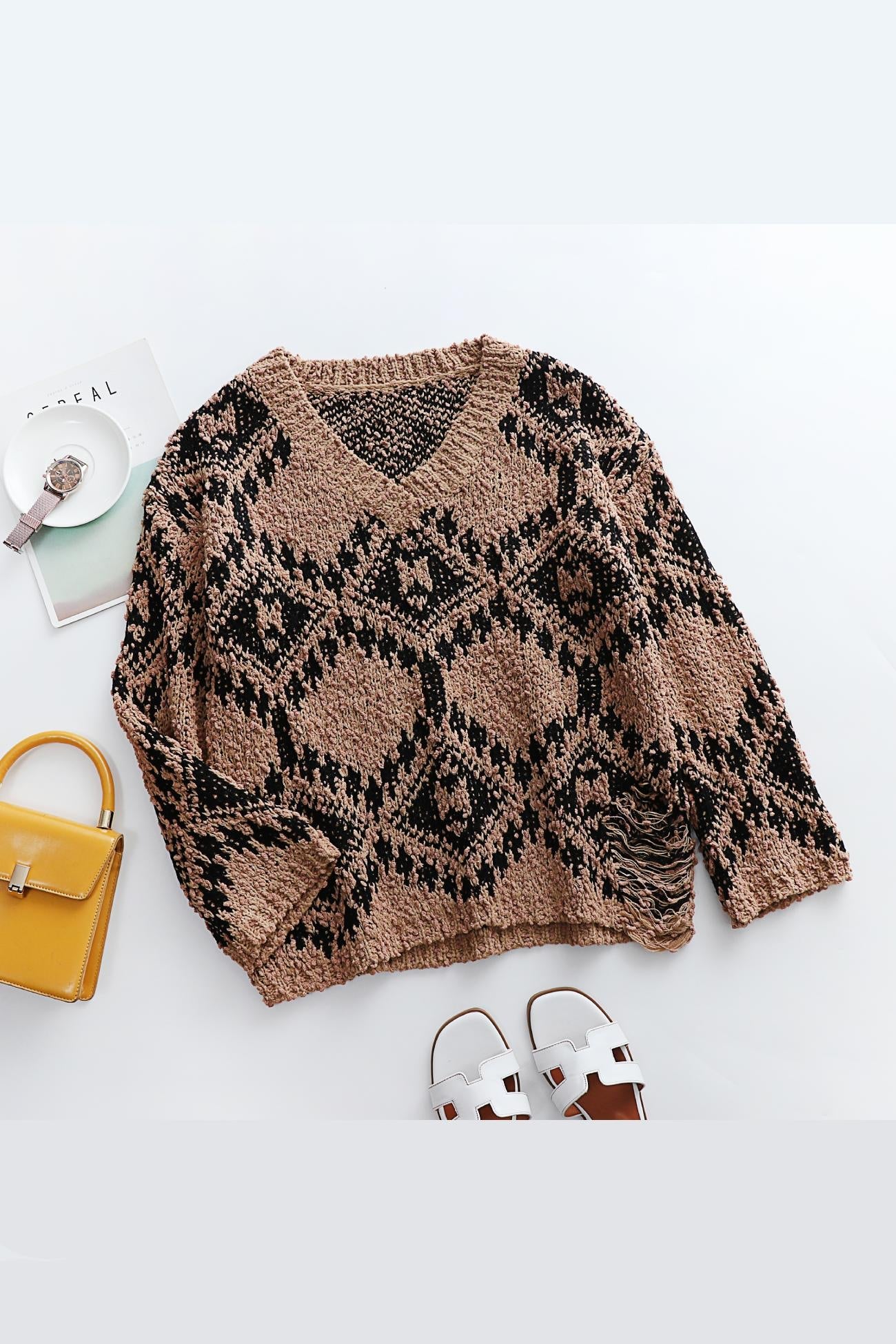 V Neckline Intarsia Knitted Top
