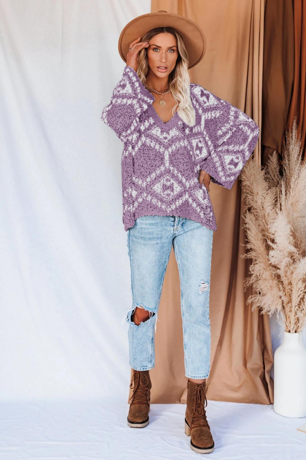 V Neckline Intarsia Knitted Top